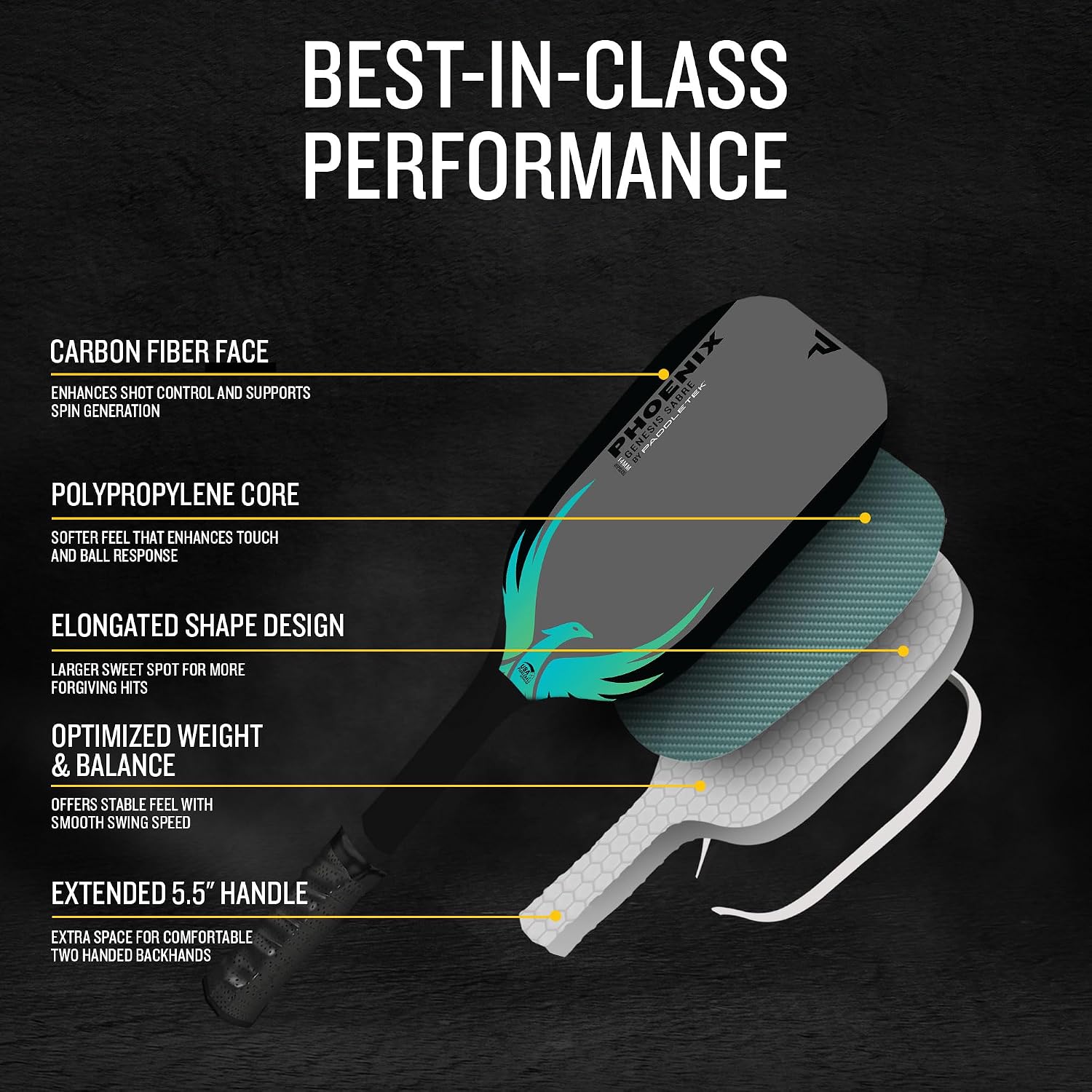 Paddletek Sabre Carbon 14mm Pickleball Paddle – Elongated Textured Carbon Fiber Surface – Polypropylene Honeycomb Core – USAPA Approved Pickle Ball Paddle – 5.5 Inch Handle