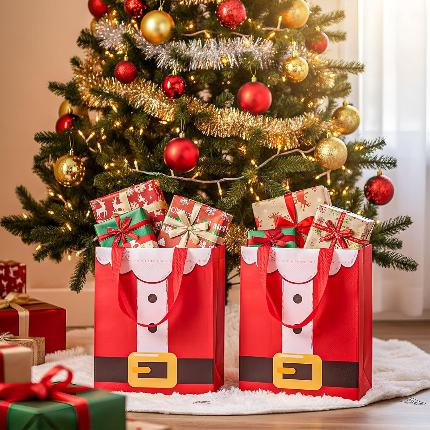 Threlaco 60 Pcs Christmas Gift Bags Bulk Medium Size with Handles, Reusable Non Woven Tote Bags, Santa Claus Costume, for Holiday Gifts Wrapping Xmas Party Favors, 10 x 8 x 4 Inch - Image 2