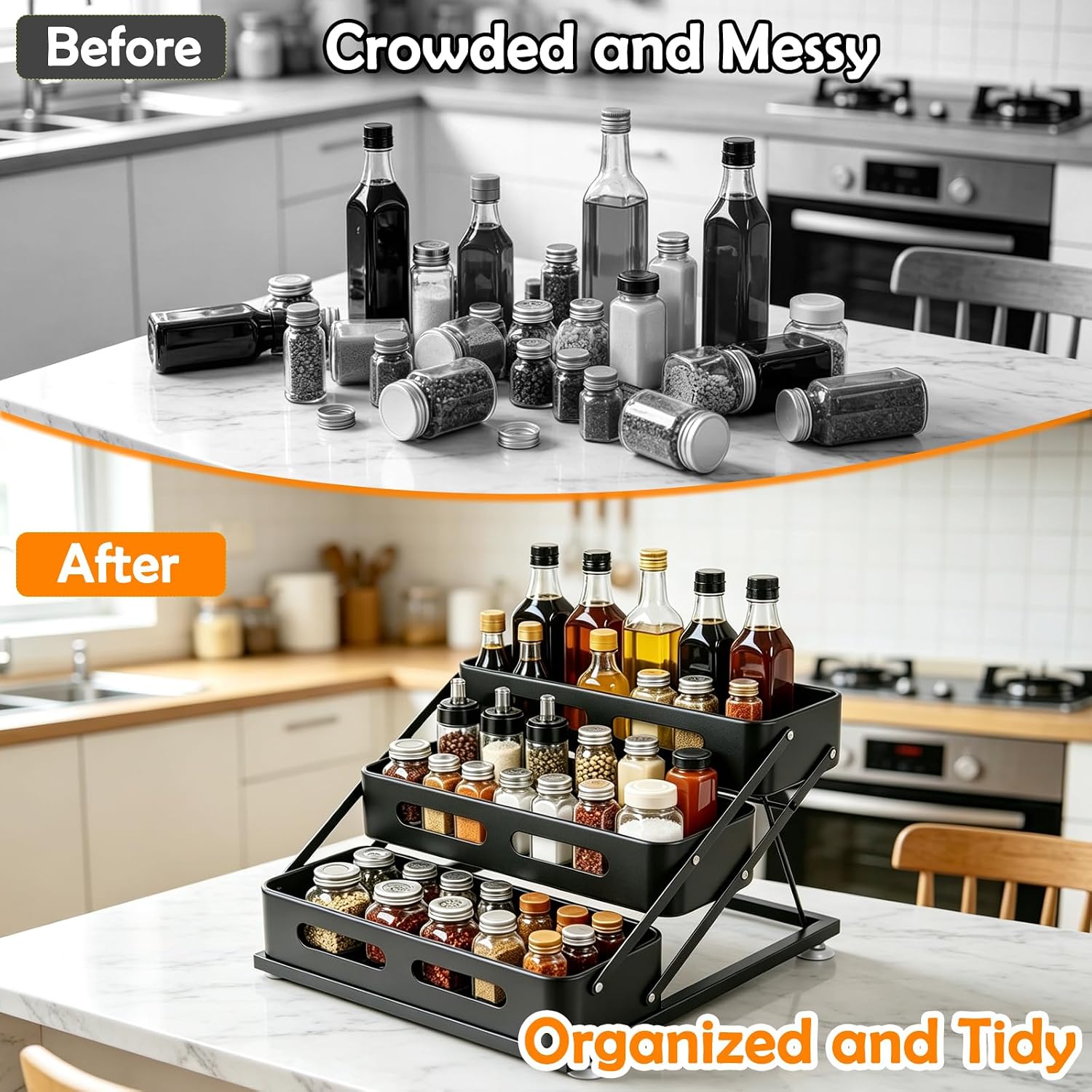 Spice Rack 3-Tier Foldable Seasoning Organizer For Countertop