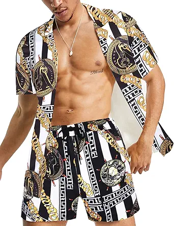 Daupanzees Men's Luxury Casual Button Down Short Sleeve Hawaiian Shirt Suits