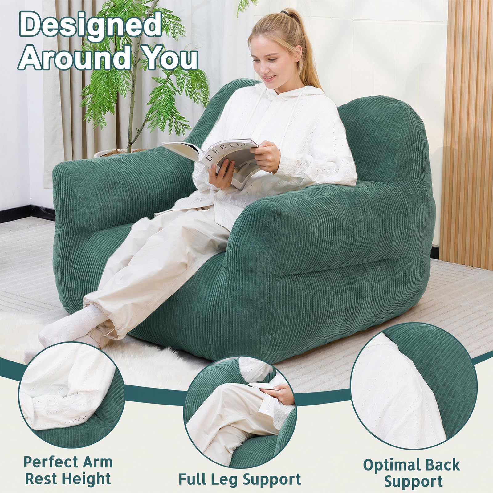 Cord Sitzsack Erwachsene, Bean Bag Chair mit Memory-Schaum Füllung, Gemütlicher Relaxsessel mit Armlehnen & Tragegriff, Big Sessel für Wohnzimmer Schlafzimmer (XL-Dunkelgrün)