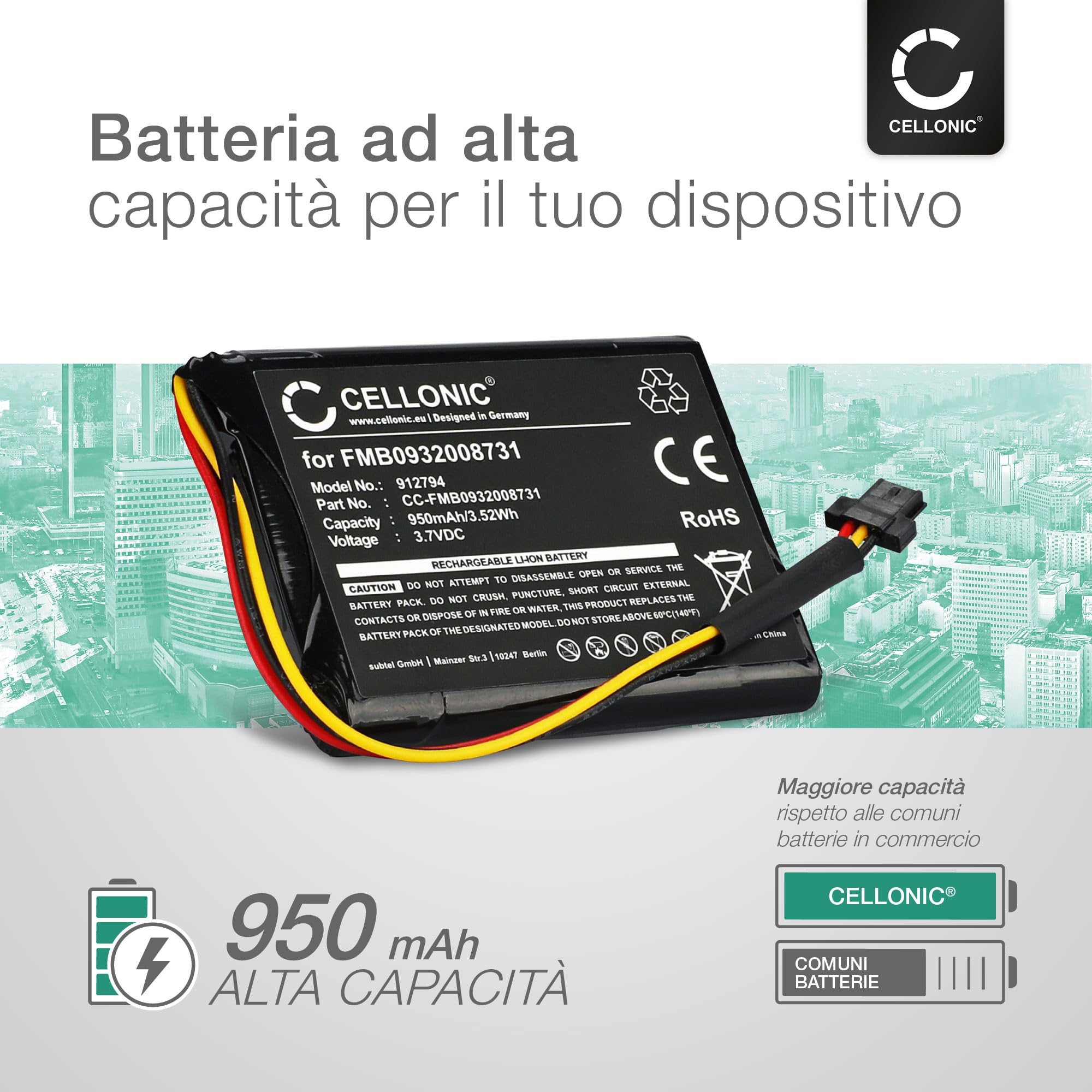 CELLONIC 1x Batteria compatibile con TomTom Go 500, 50, FMB0932008731 | 1x, (950mAh-3.7V-Ioni di Litio), Navigatore GPS Batteria per TomTom Go 500, 50, 510 (2013), Start 50, 600, (2013), ONE 140