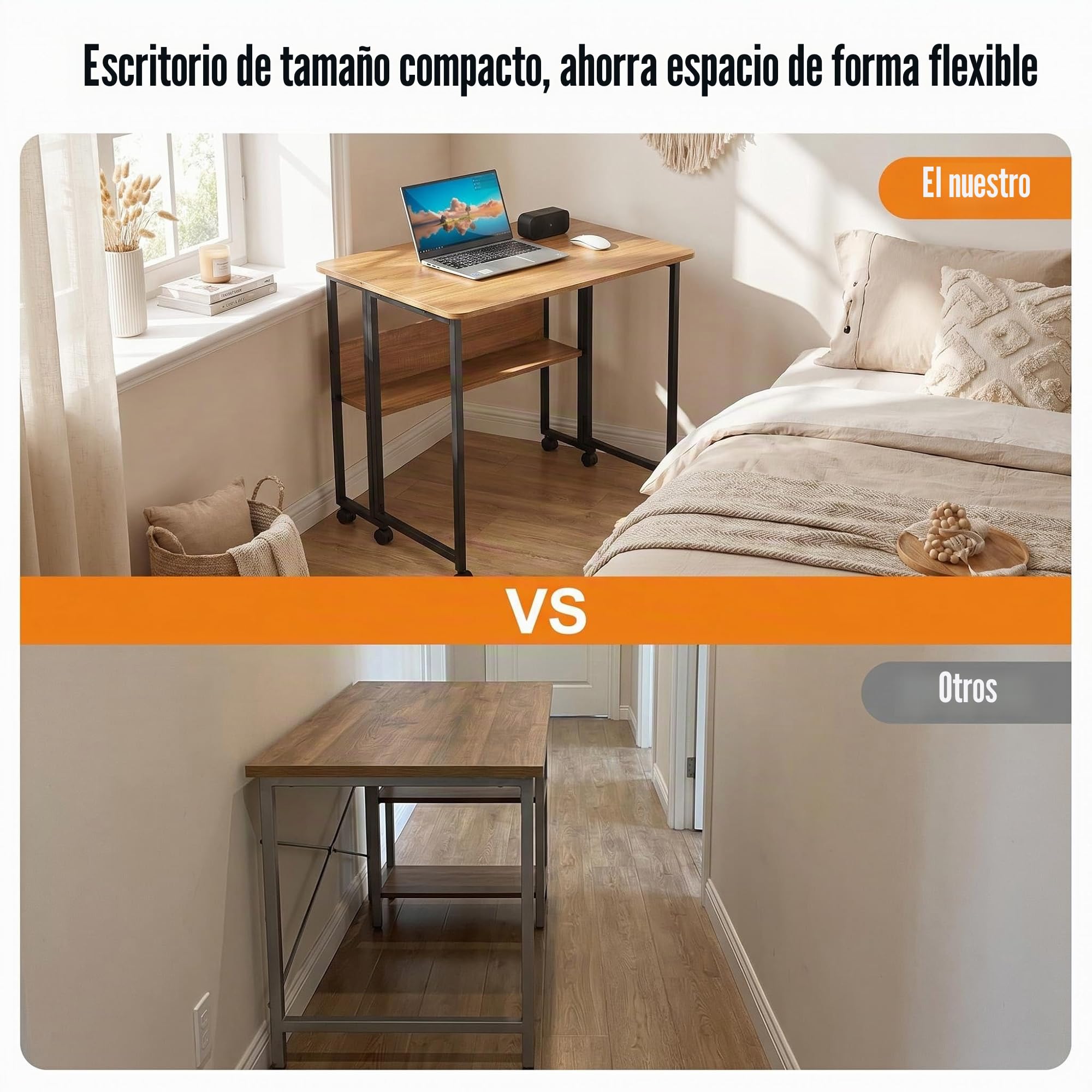 Fiutazge Mesa Escritorio Plegable con Ruedas y Almacenamiento, Mesa Plegable de Pequeño Espacio para Estudio, Casa Oficina, Computadora Manualidades,Marrón y Negro