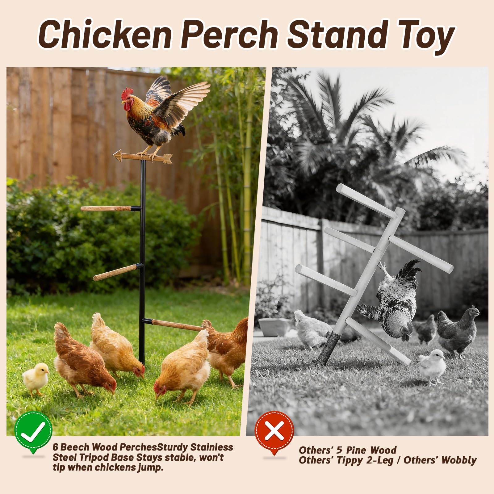 Tnstbiee Percha grande para pollo, percha de madera de 4 ramas y parque infantil para pájaros al aire libre, barras de gallinero para gallinero y patio trasero, 57 pulgadas de alto x 16.5 pulgadas R