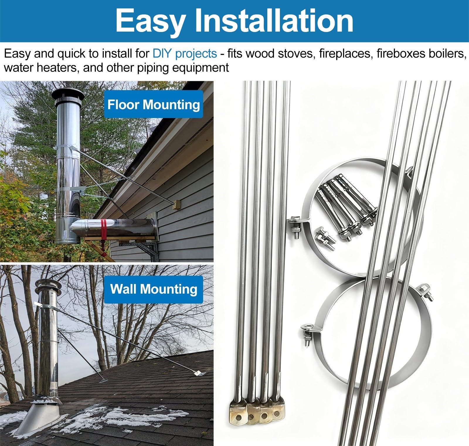 ERRULAN Soporte para Chimenea Kit Soporte Universal para Tubo de Chimenea Soporte Pared, Tubo Estufa diámetro extendido Kit Soportes Techo Acero Inoxidable(Dia 3 4/5"(95mm))