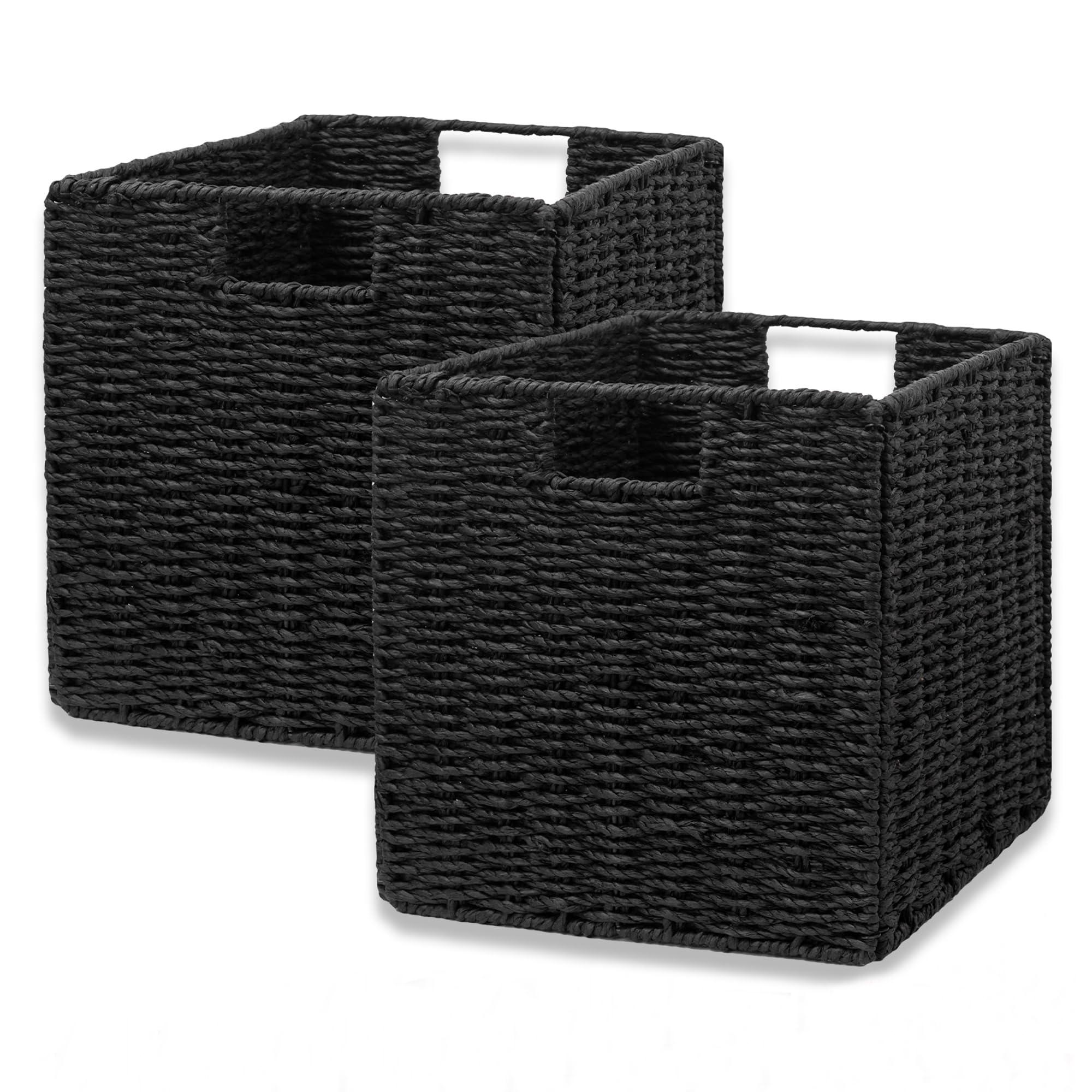Aufbewahrungskorb geflochten, dekorativer Korb Geflochten mit Griffen, Faltbare Aufbewahrungsbox für Regal, Badezimmer, Wohnzimmer, Groß Körbe Aufbewahrung, 2er Set, 33 x 33 x 33 cm, Schwarz