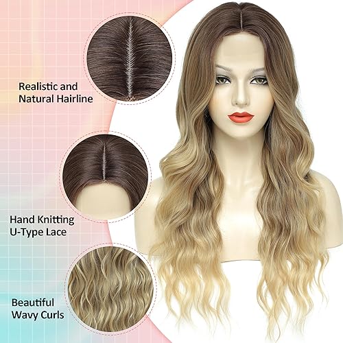 Miniatura 5 de WEIWENHEE Peluca larga rubia ombré, peluca ondulada con mezcla de rubio, parte media, línea capilar realista, fibra sintética resistente al calor,
