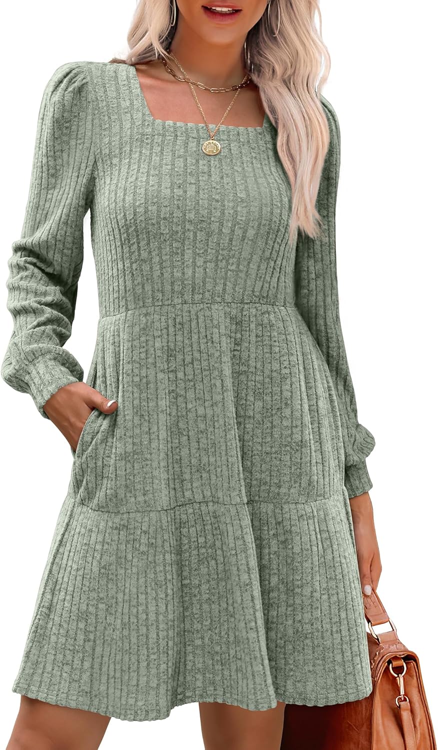 SAMPEEL Womens Square Neck Long Sleeve Fall Dresses Casual Babydoll Sweater Dress
