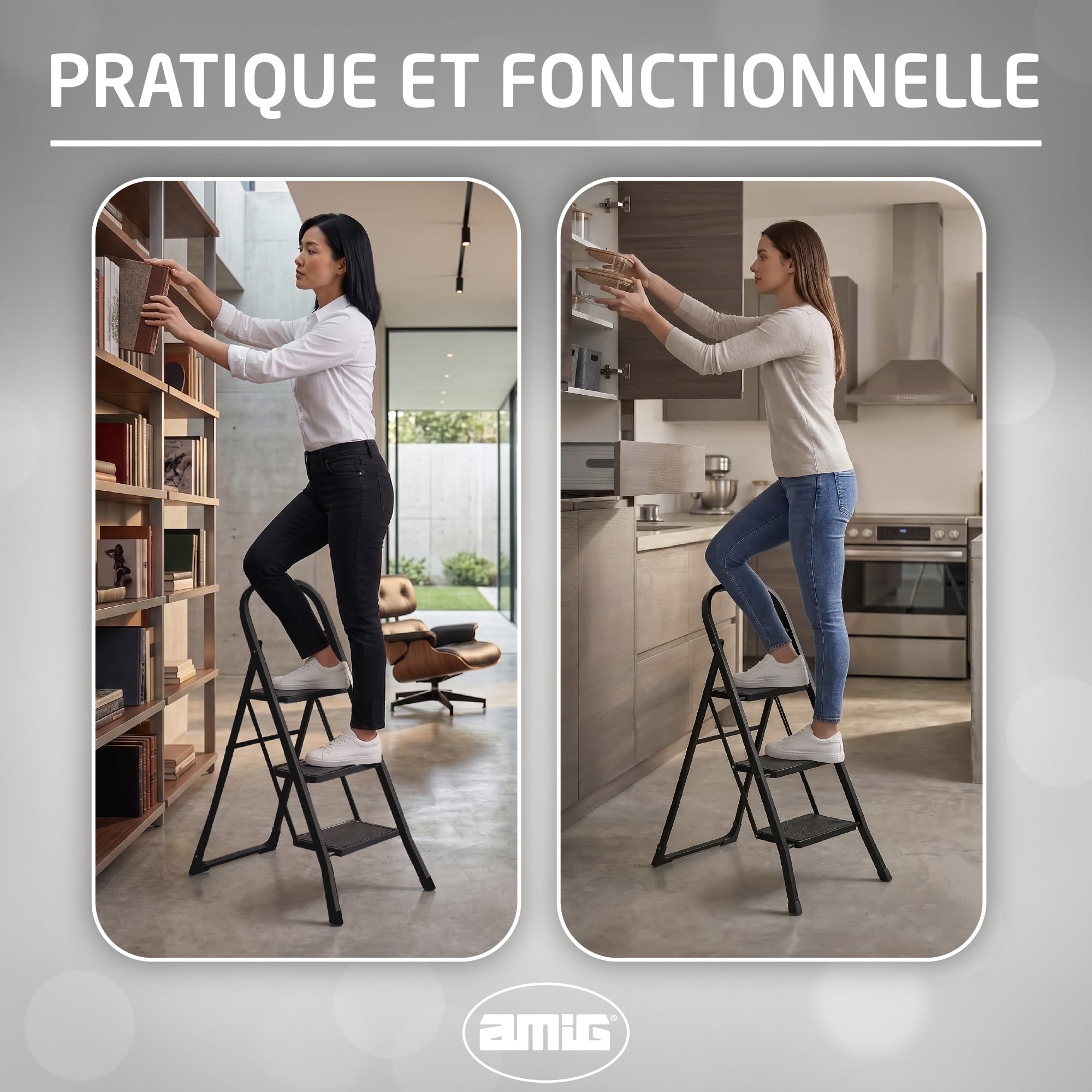Amig Échelle Pliable 3 Marches Acier Noir 106x72x46 cm