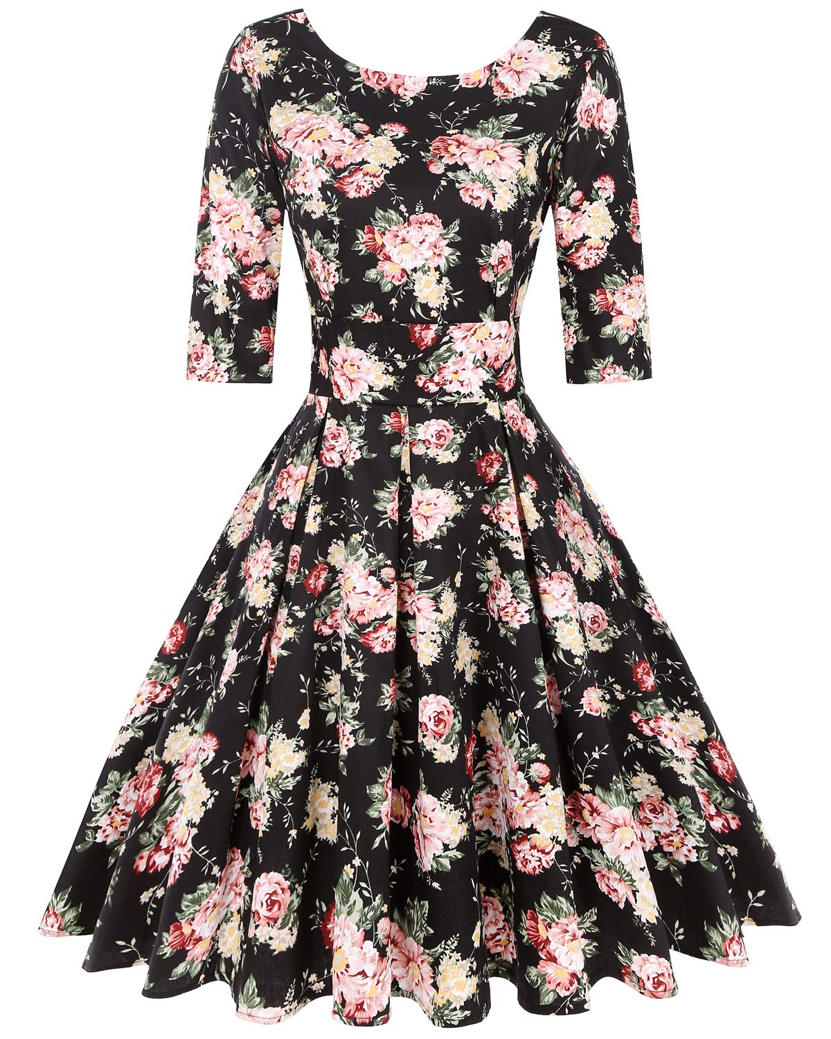 Mintlimit Women's Floral Pink Black 1950S Audrey Hepburn Rockabilly Vintage Dress Floral Cocktail Swing Stretchy Dress (Floral Black Pink,Size Xl)