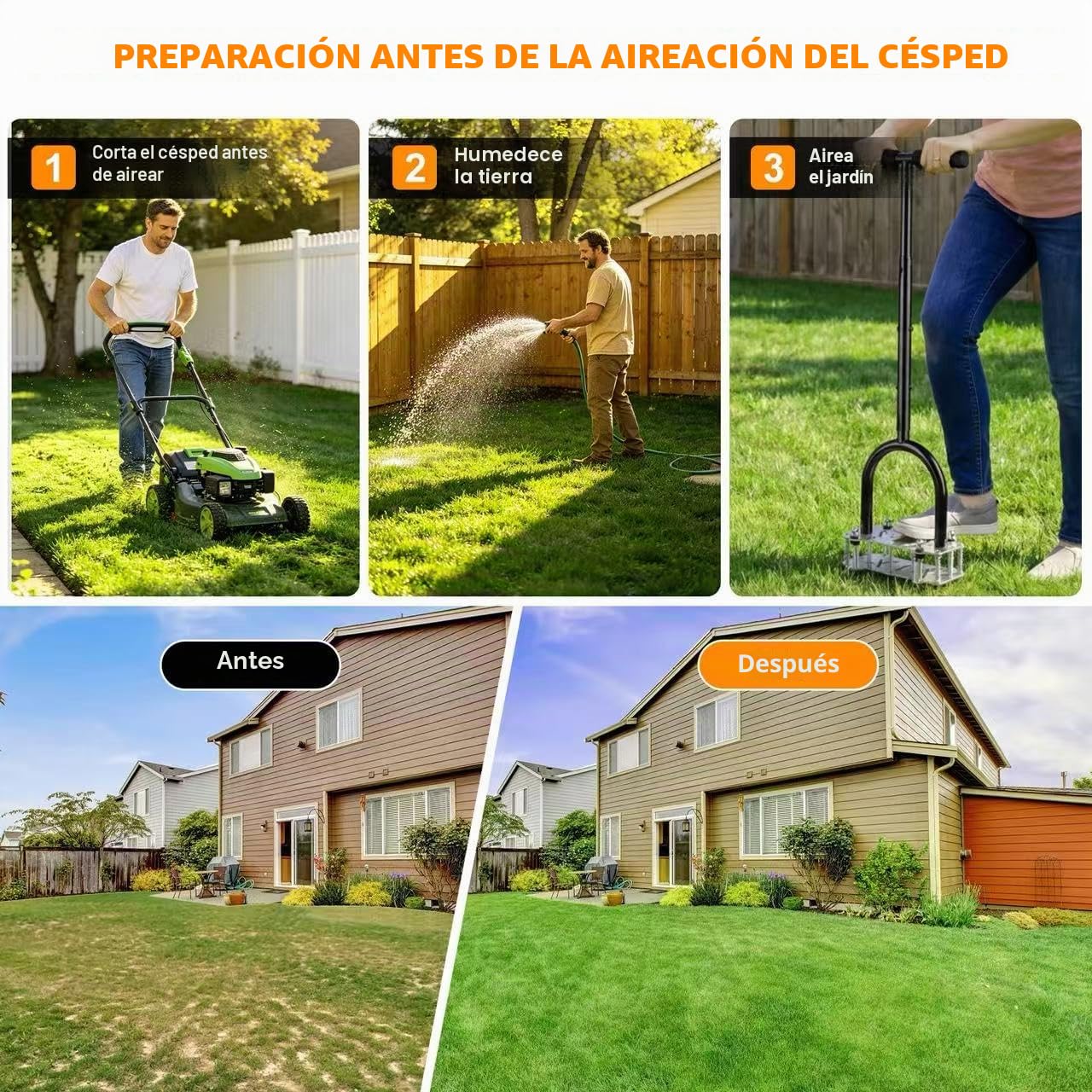 Aireador de Césped con 14 Púas, Aireador Manual de Césped con Plataforma Antideslizante, Escarificador y Aireador para Suelo Compactado, Herramienta de Aireación para Césped, Jardín Cuidado del Pasto