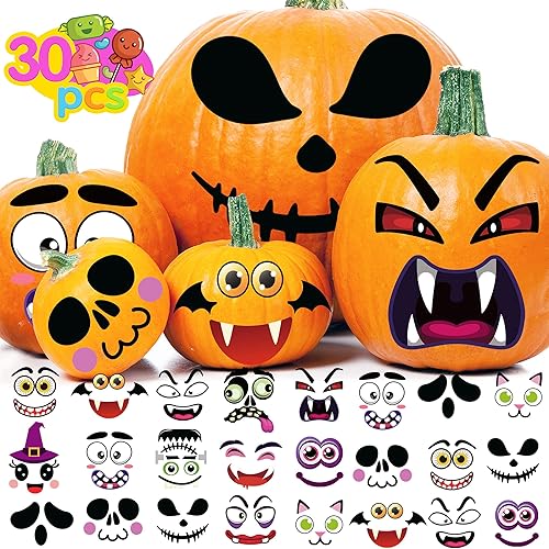 MISS FANTASY Calcomanías decorativas de calabaza de Halloween, 30 hojas de calcomanías de cara de calabaza para decoración de calabaza, calcomanías