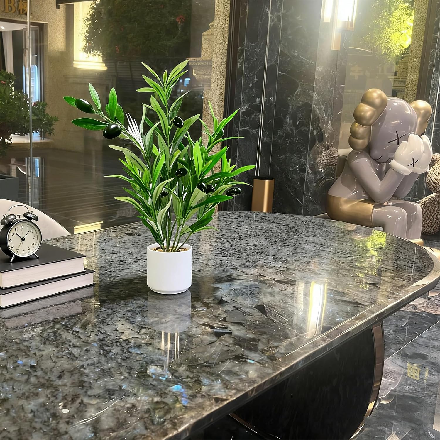 Artificial Olive Branches in Pot, Faux Greenery with White Pot, Fake Potted Green Plants Olive Stems Tables Centerpiece for Desk Shelf Cabinet Bedroom Livingroom Kitchen Indoor Home Decor