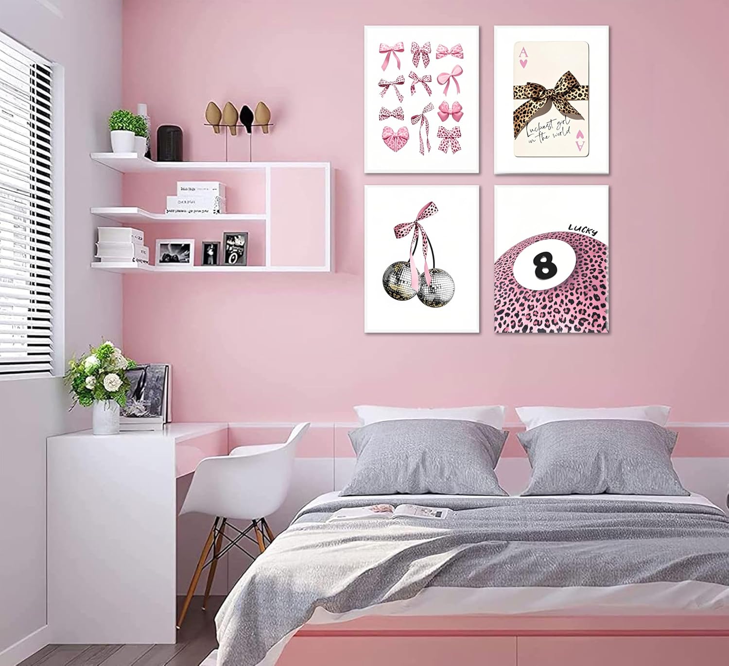 4 Pcs Pink Leopard Bows Canvas Wall Art Pink Cheetah Disco 8 Ball Cherry Posters Prints Coquette Trendy Preppy Wall Decor Pictures Aesthetic Painting for College Dorm Living Room Bedroom Framed