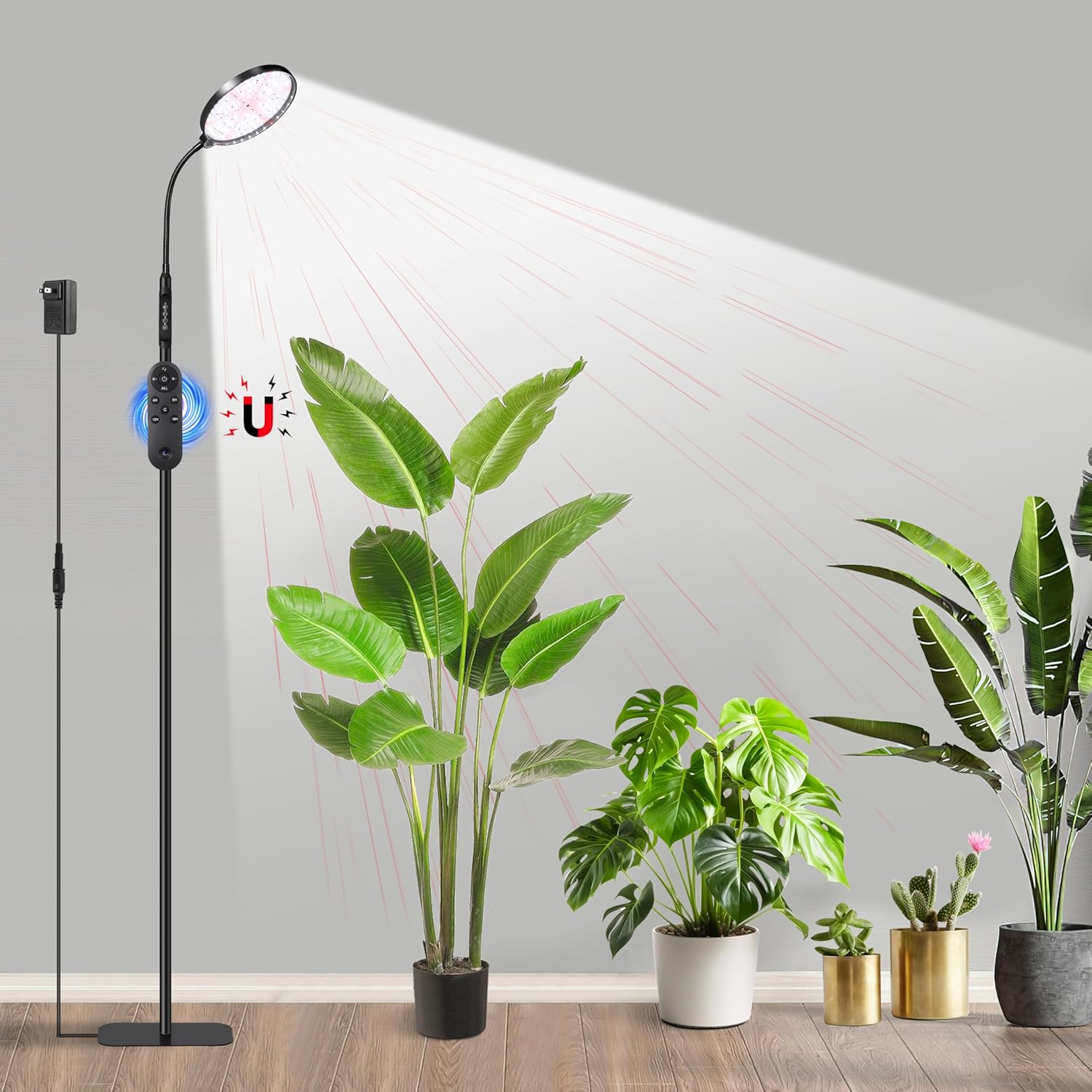 Floor Grow Lights for Indoor Plants, Full Spectrum Plant Light with Stand for Growing Large Tall Plants, Grow Lamps with 4/8/12/18H Timer, 3 Light Modes, 10 Dimming,Height Adjustable, Black