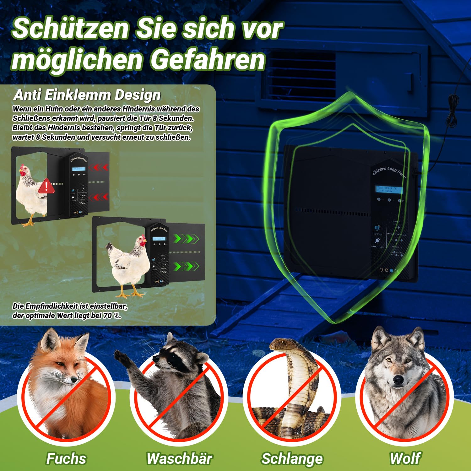 Automatische Hühnerklappe Solar, IP65 mit Display & Fernbedienung