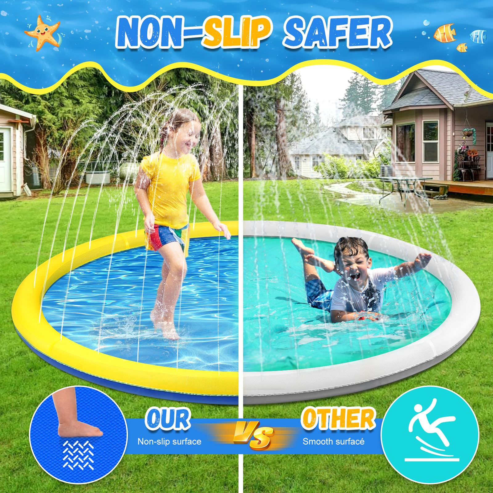 107 inch Extra Large Non-Slip Splash Pad Sprinkler for Kid and Dog, Kiddie Dog Pool, Toddler Outdoor Toys for Ages 3-12 Boys Girls, Summer Outdoor Water Kids Toys, Parent Games, Backyard, Lawn