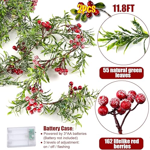 Miniatura 3 de Paquete de 2 guirnaldas de luces artificiales de Navidad con 162 bayas rojas nevadas, 55 hojas verdes, 20 luces LED, funciona con pilas para