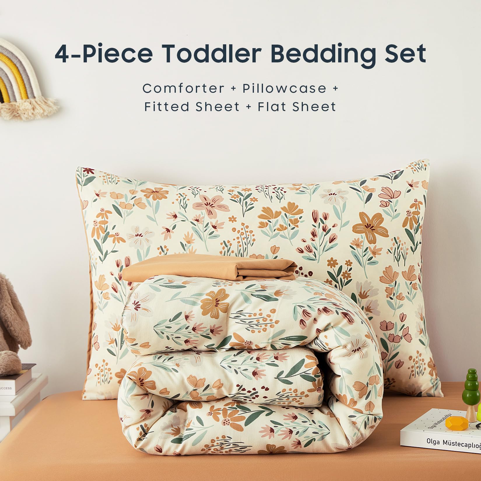 Wake In Cloud - Juego de ropa de cama para niñas pequeñas, juego de cama suave de 4 piezas para cuna que incluye edredón, sábana bajera, sábana encimera y funda de almohada, flores naranjas florales
