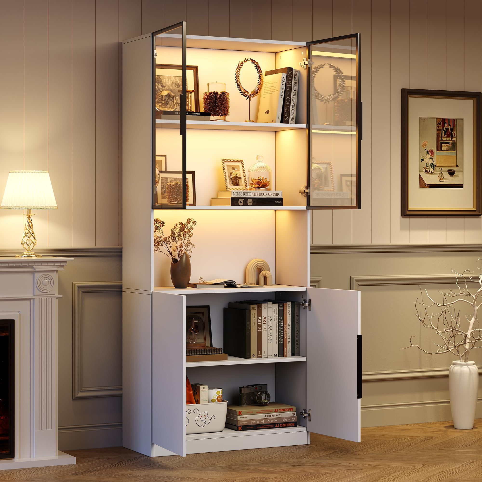 Vitrina de Cristal Armario de Vitrina con Iluminación LED 200 cm, Estantería Aparador con Estantes Ajustables y Puertas para Salon, Mueble Auxiliar Expositora para Comedor Dormitorio (Blanco)