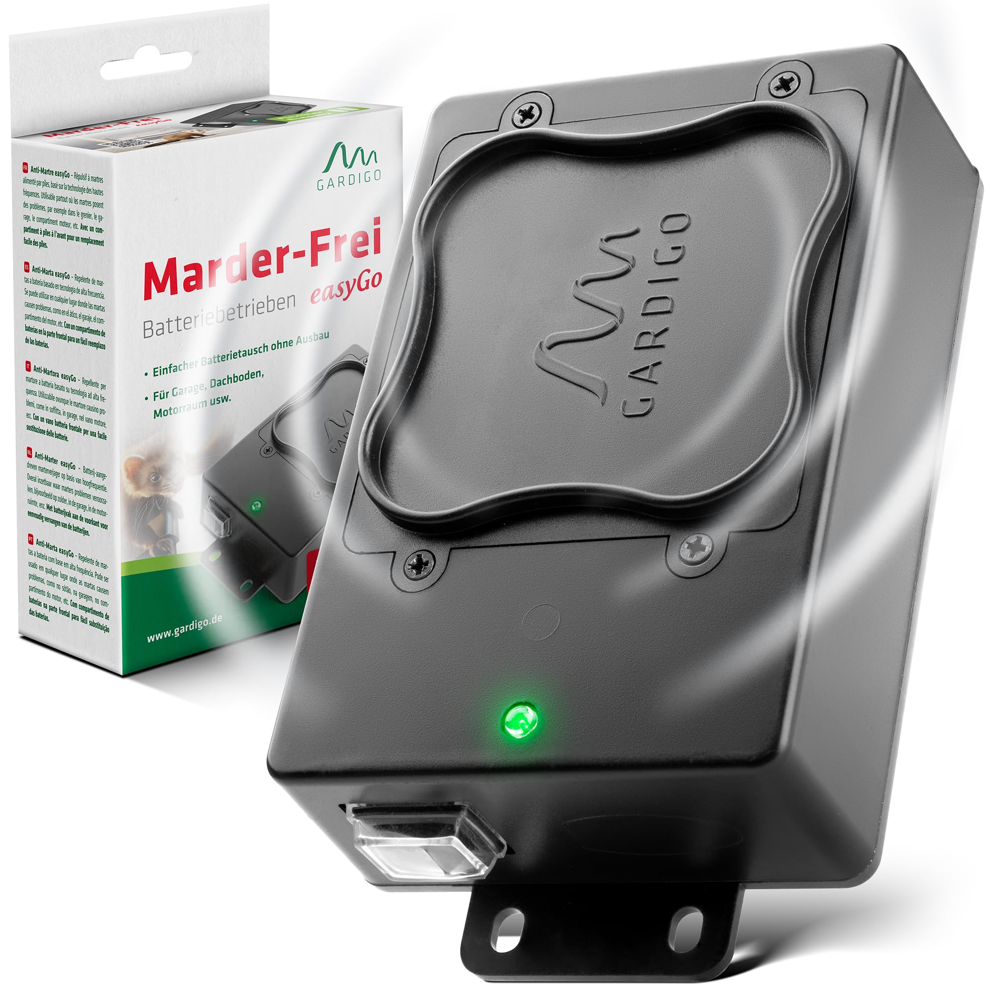 GARDIGO® Répulsif Anti Martres à Ultrasons avec Fréquences Variables | Repeller Anti-Fouines et Rongeurs | pour Voiture, Garage, Grenier | Remplacement Facile des Piles.