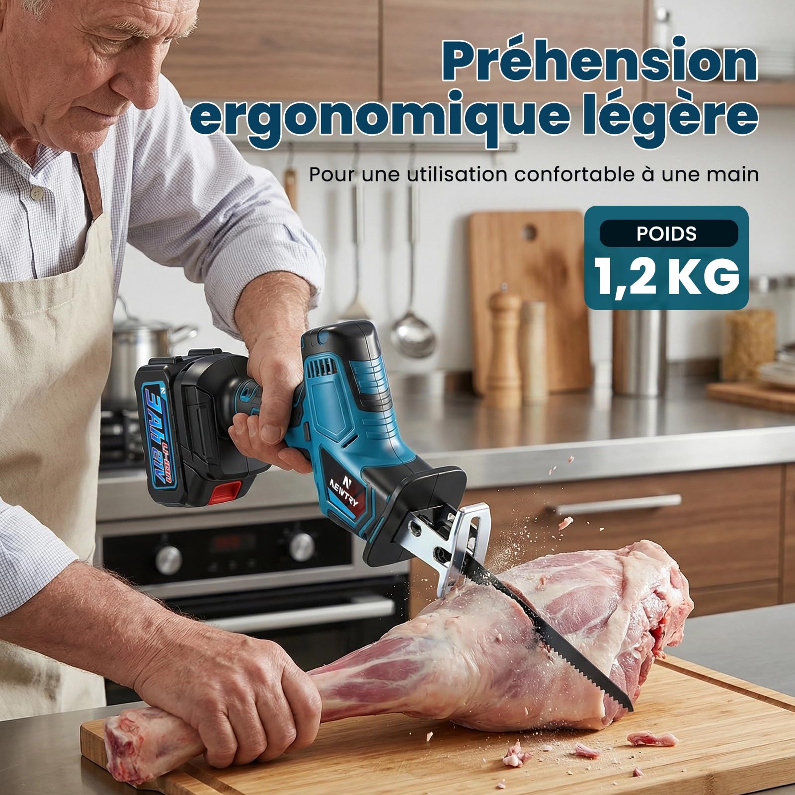 NEWTRY Scie à os sans fil 3000mAh 3500RPM moteur brushless 4 lames boucher