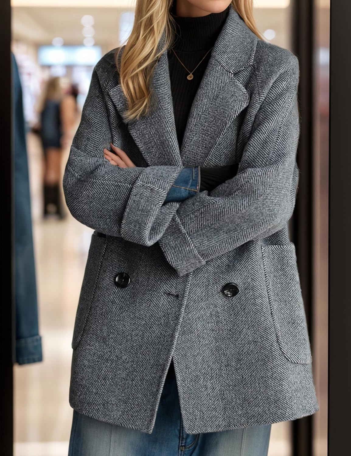 Bankeng Women's Winter Wool Blend Coat Notch Lapel Double Breasted Peacoat Loose Warm Coat Mid-Long Outerwear - Image 2