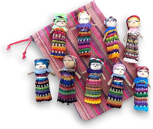 Thorness Juego de 9 muñecas guatemaltecas hechas a mano con una colorida bolsa de almacenamiento hecha a mano, muñecas de preocupación para niñas,