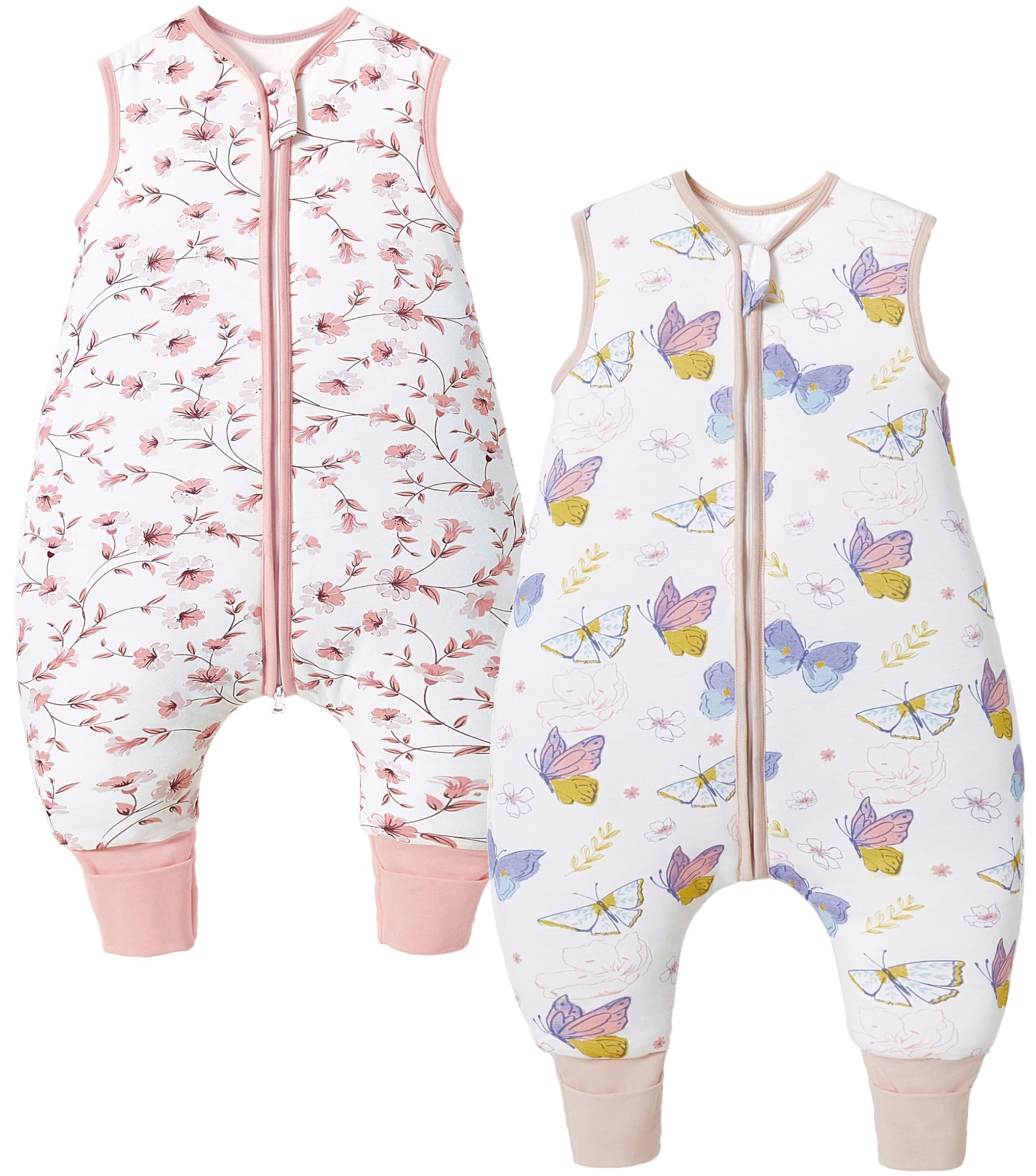 Teechodina Baby Schlafsack mit Füßen 2er Pack Baumwolle 2.5 Tog Kinder Winter Schlafsack mit Beinen für Jungen Mädchen, 2.5 Tog/Kirschblüte + Schmetterling, 70cm/Baby Höhe 80-90cm
