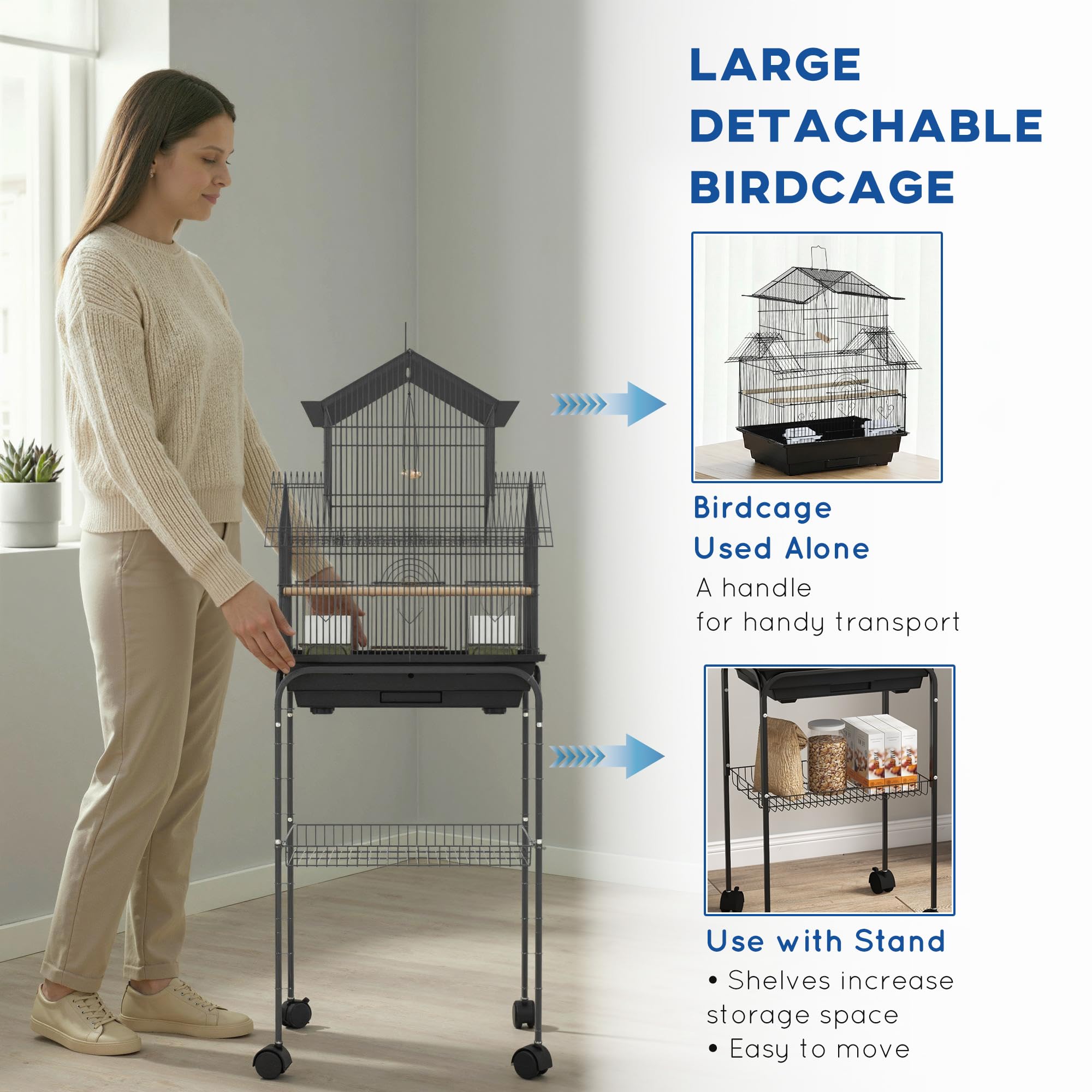 PawHut Vogelkäfig Design Haus Futterhäuser Sitzstangen 3 Türen abnehmbares Kotbrett + Tragegriff 50,5 x 41 x 121 cm schwarz