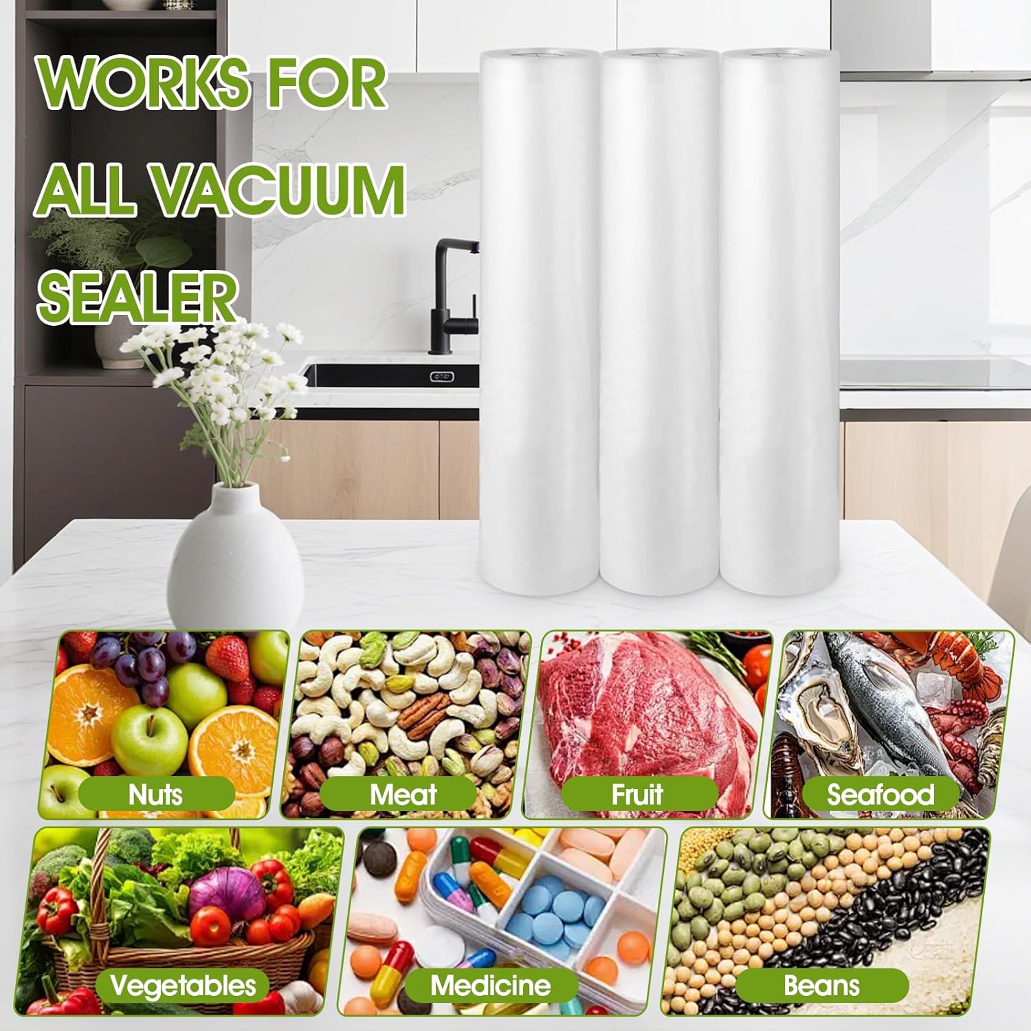 3 Rolls Vacuum Sealer Bags Compatible with Anova & Foodsaver Vacuum Sealer, Commercial Grade Vacuum Sealer Bags (11 in x 16.4 ft) BPA Free Food Vac Bags for Food Storage, Sous Vide - Image 6