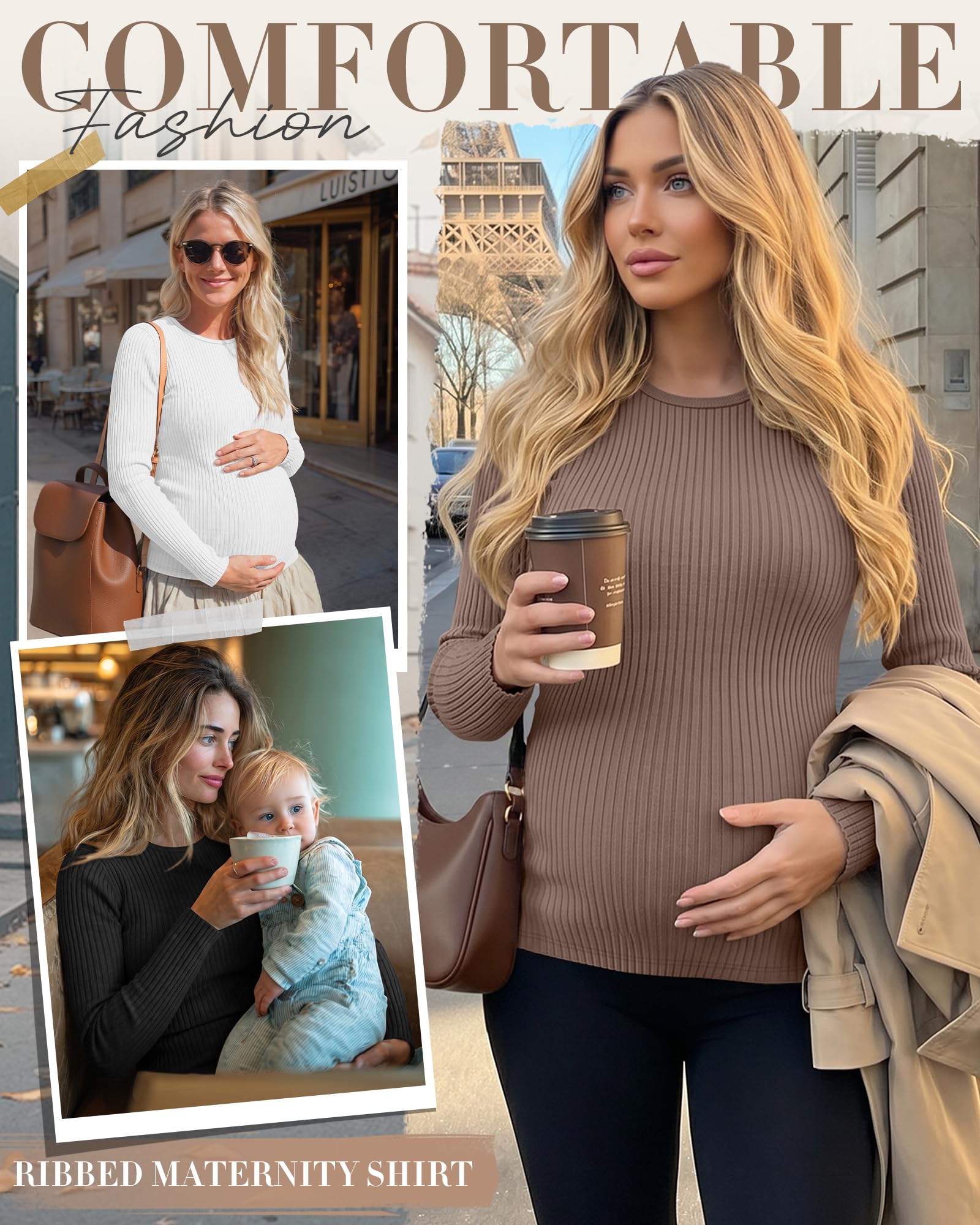 Xuniea Lot de 4 T Shirts Maternité Femme Maille Côtelée Manches Longues Col Rond Tunique Basique Décontractée