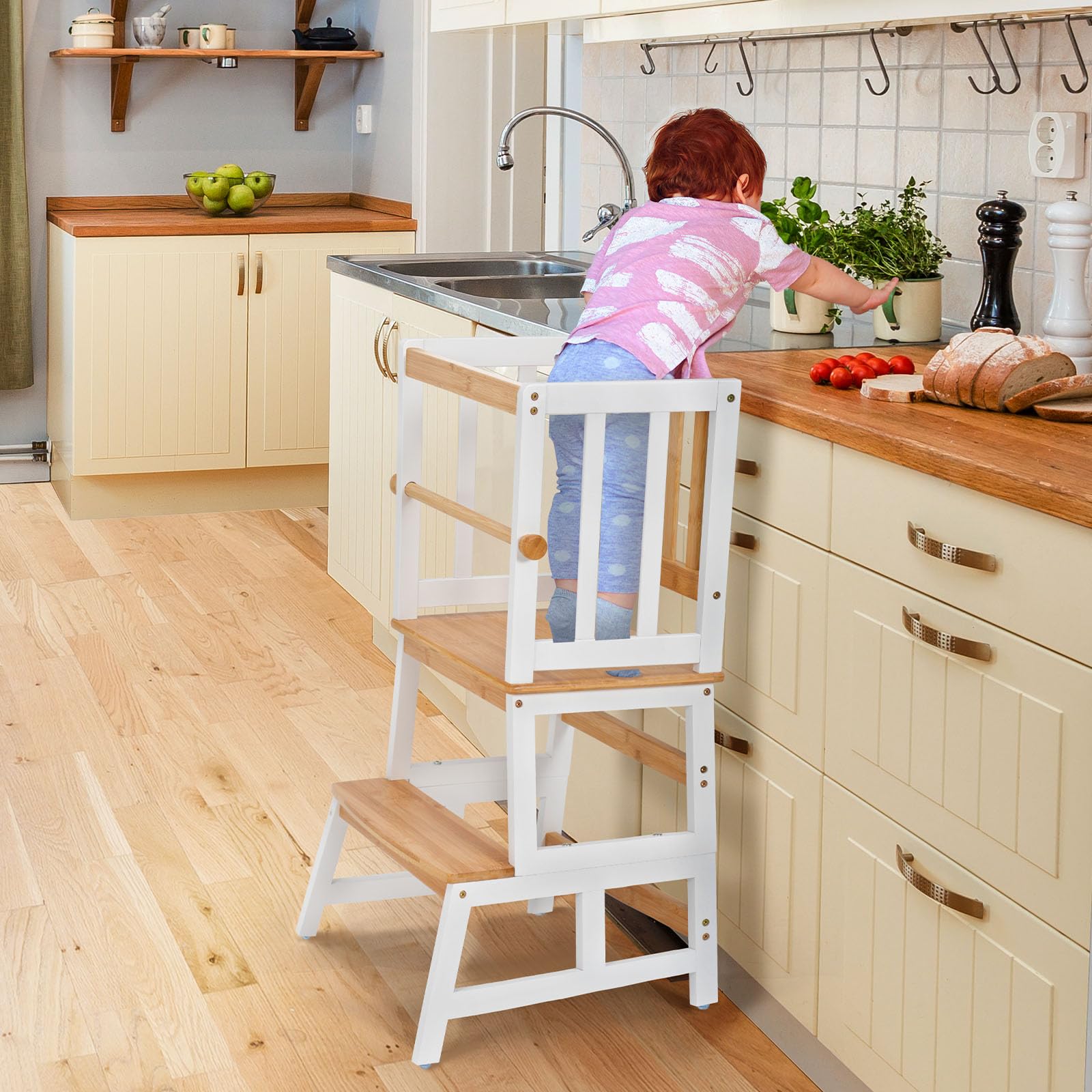 COSYLAND Kids Kitchen Step Stool, Toddler Standing Tower with CPC Certification, Removable Anti-Drop Railing Safety Rail, Anti-tip Stable Toddler Standing Tower - Natural & White