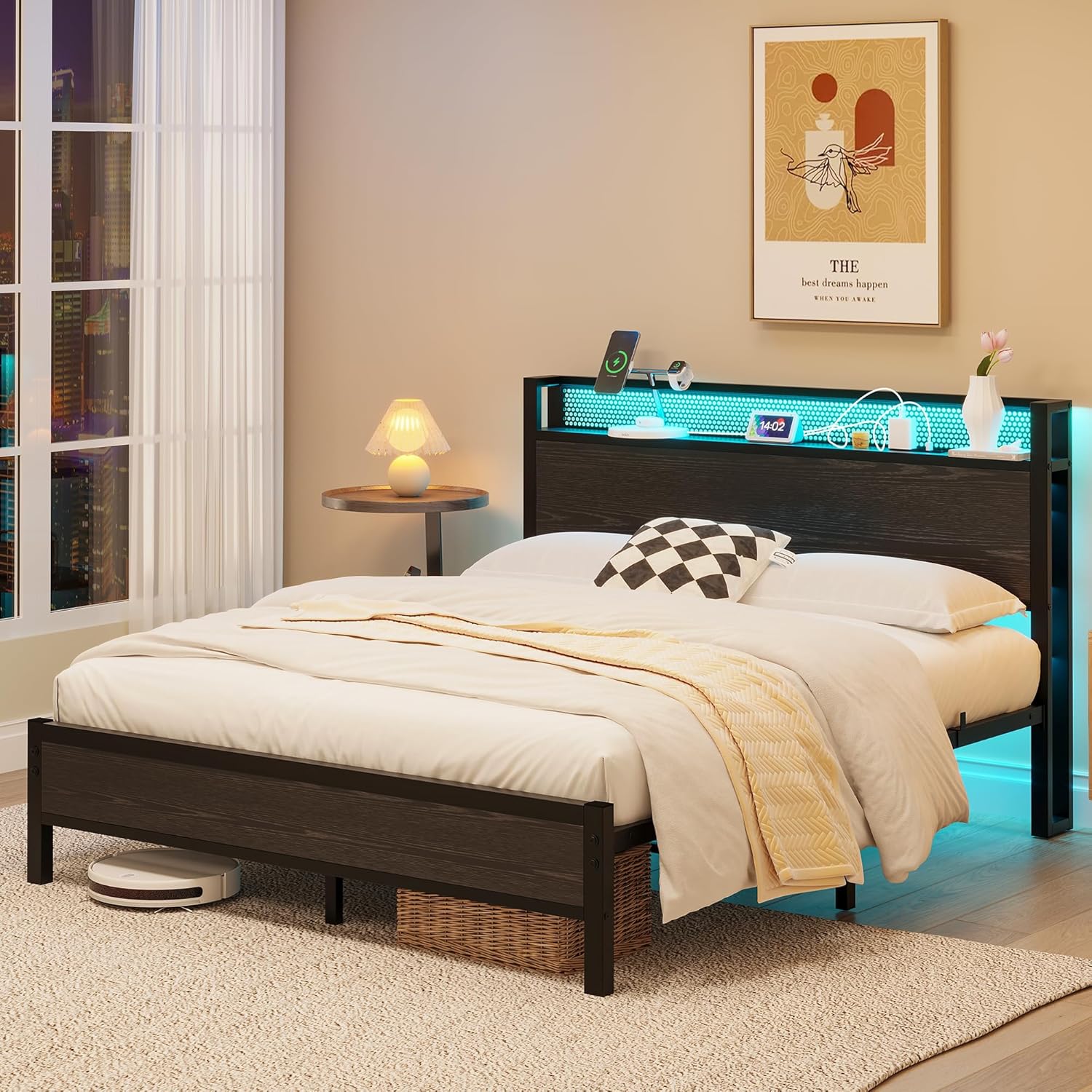 Queen Bed Frame with Storage Headboard, Metal Platform Bed Frame Queen Size with Charging Station and LED Lights, Queen Size Bed Frame, Heavy Duty Metal Slats, No Box Spring Needed, Black
