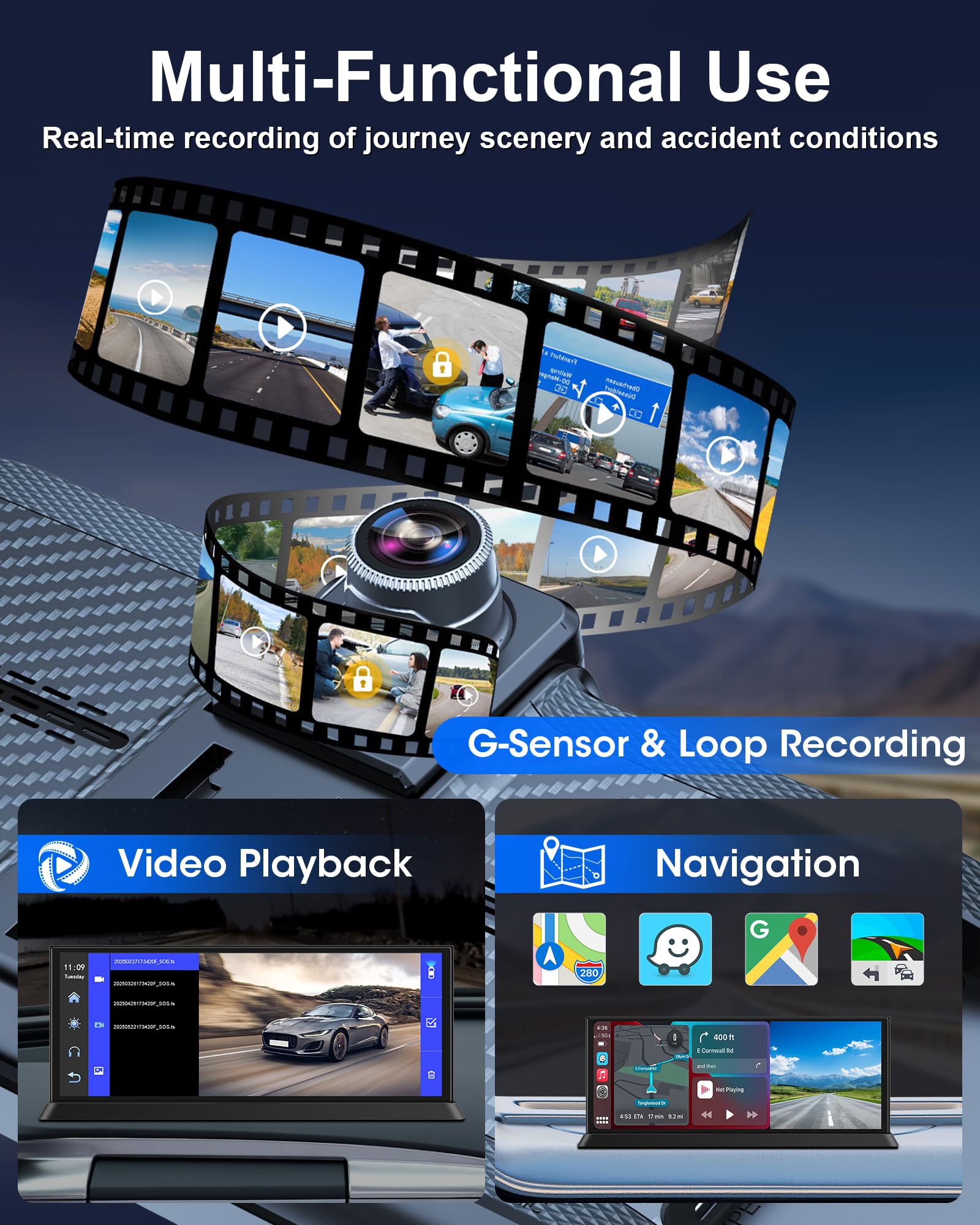 11,26-calowy HD dotykowy wyświetlacz Carplay, 4K wyświetlacz Android Carplay z przednią kamerą 350°, karta SD 64G, wyświetlacz samochodowy, ekran Carplay, wyświetlacz towarzyszący do nawigacji GPS
