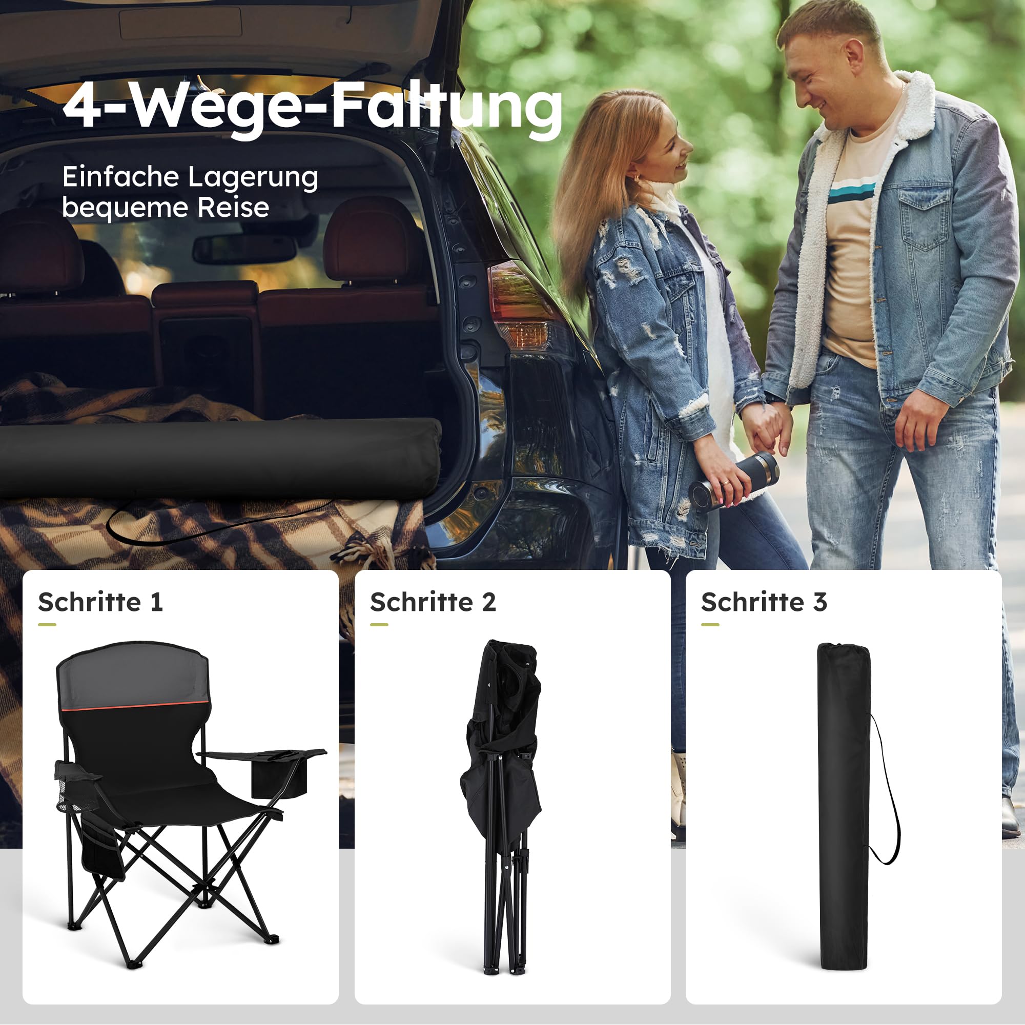 HIGH POINT SPORTS 2er Set Klappstuhl Campingstuhl Faltstuhl Komfortable Anglerstuhl mit Getränkehalter & Kühlfach, bis 120Kg Belastbar, Anglersessel klappbar Gartenstuhl Faltstuhl Relaxsessel