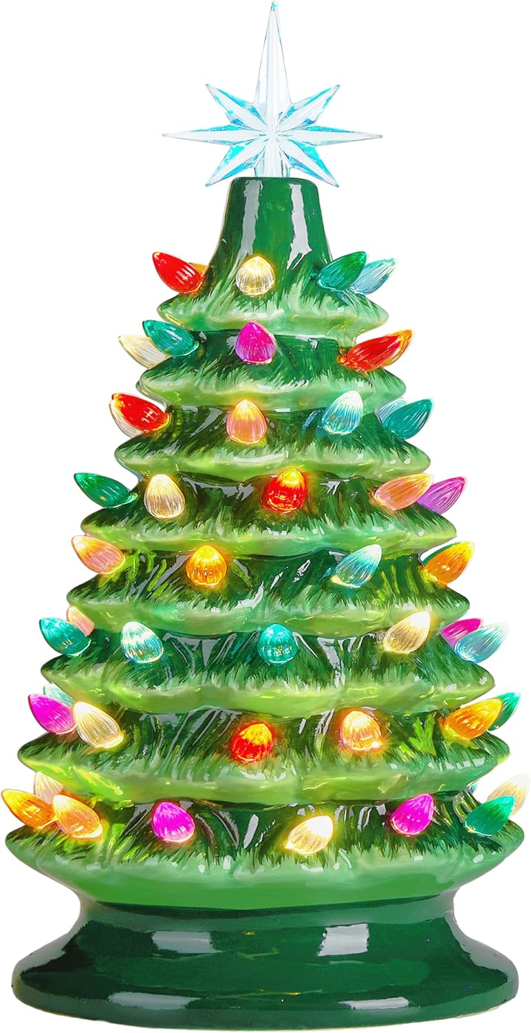 JOIEDOMI 15" Ceramic Christmas Tree, Table Top Christmas Tree with Star Topper, Vintage Pre-lit Xmas Decor with Multicolored LED Lights, Hand-Painted Xmas Decorations Indoor Home Office Light Green
