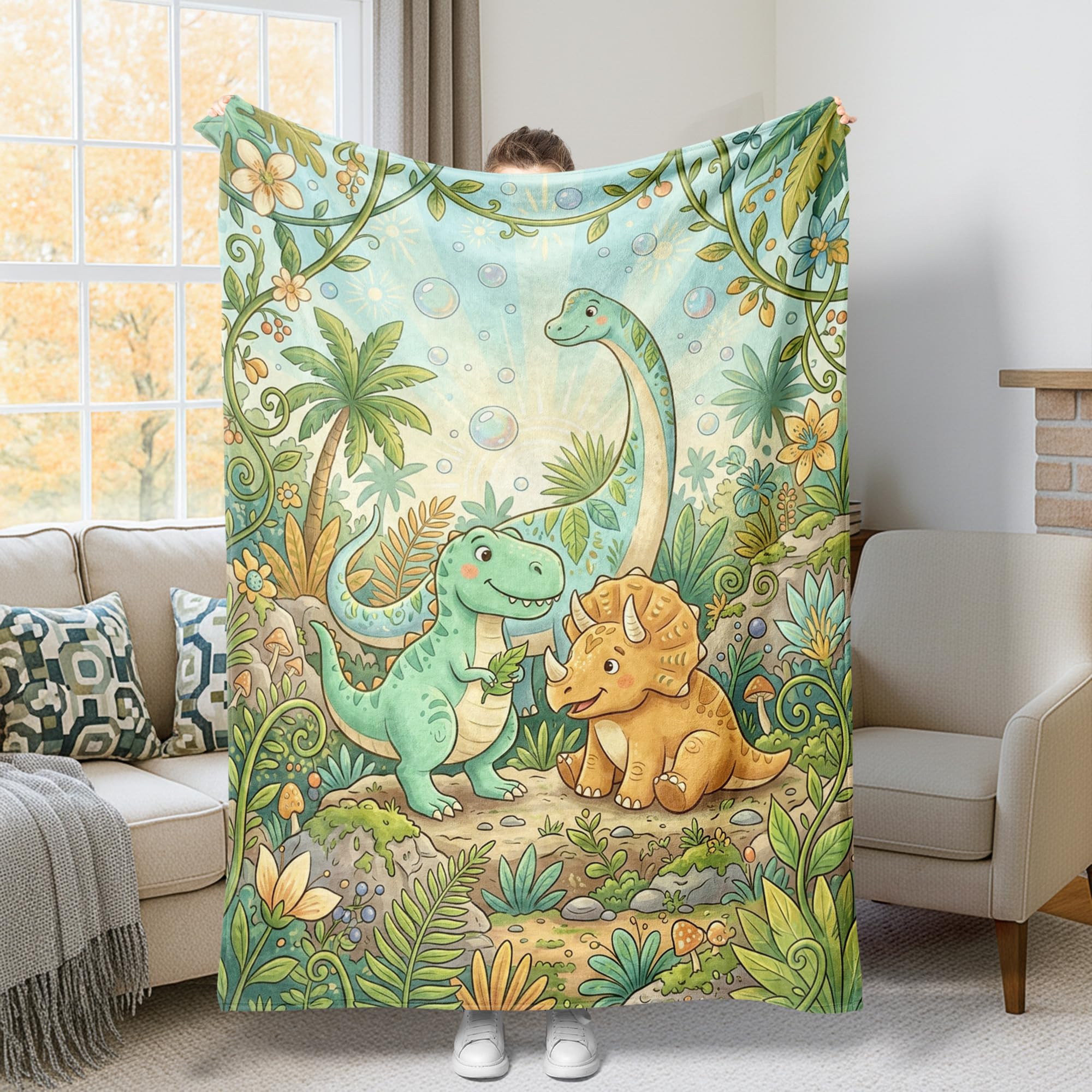 Couverture dinosaure peluche vert canapé lit plaid compact esthétique