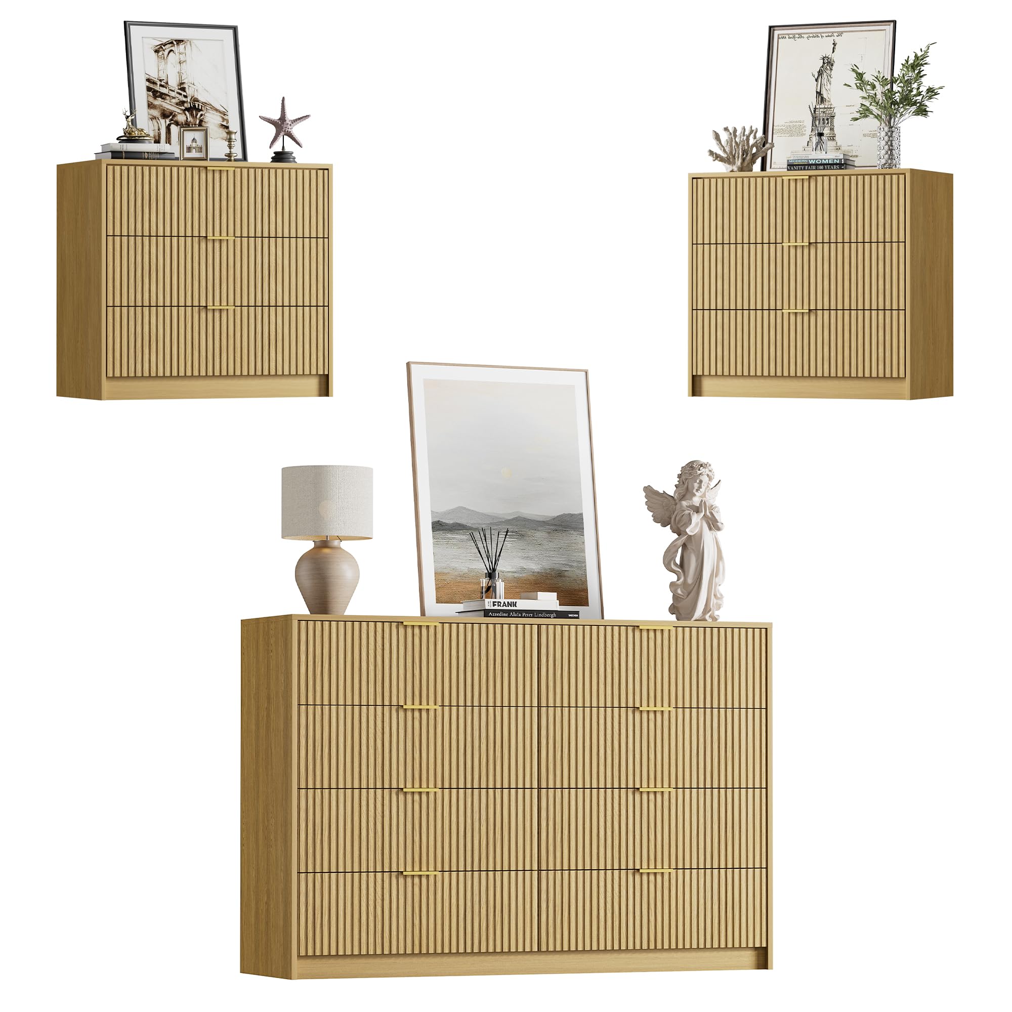 3 Piece Modern Bedroom Set, 8 Drawer Dresser with 2 Nightstand, Natural Oak