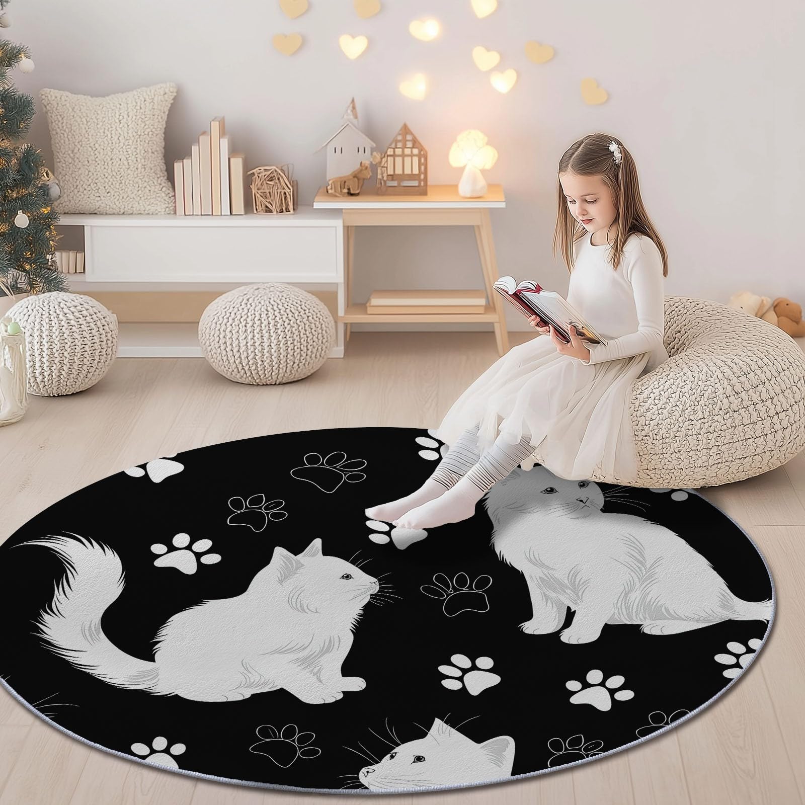 Schwarzweiß Runder Teppiche Wohnzimmer 100 cm, Waschbar & Rutschfester Kurzflor Teppich Schlafzimme, Minimalistisch Pfotenabdruck Niedlich Tiere Katze Teppich Rund für Kinderzimmer, Esszimmer, Büro