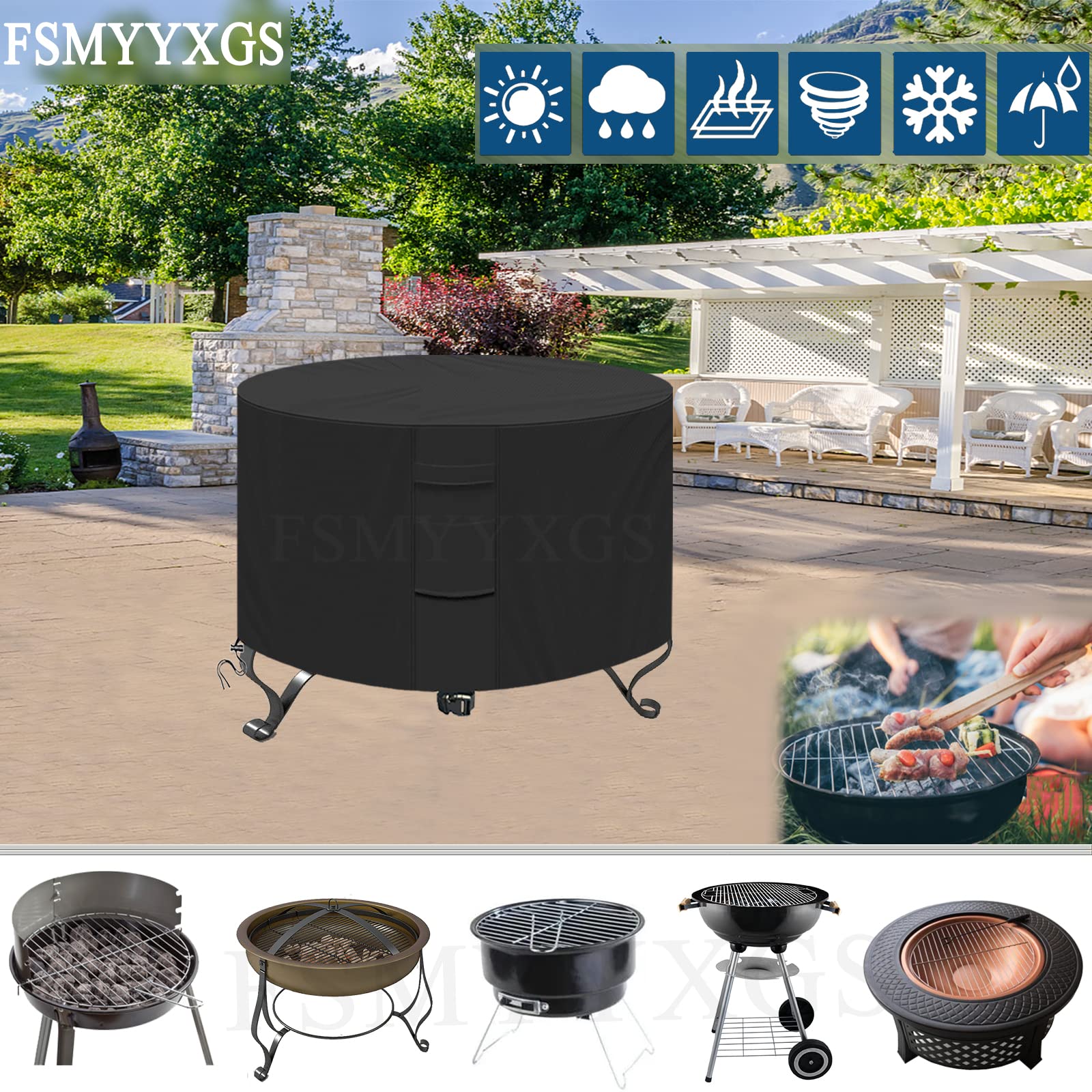 Copertura rotonda resistente per braciere impermeabile in tessuto Oxford 600D, resistente ai raggi UV e antivento, con prese d'aria per barbecue all'aperto, protezione per barbecue, adatta a 127 cm di