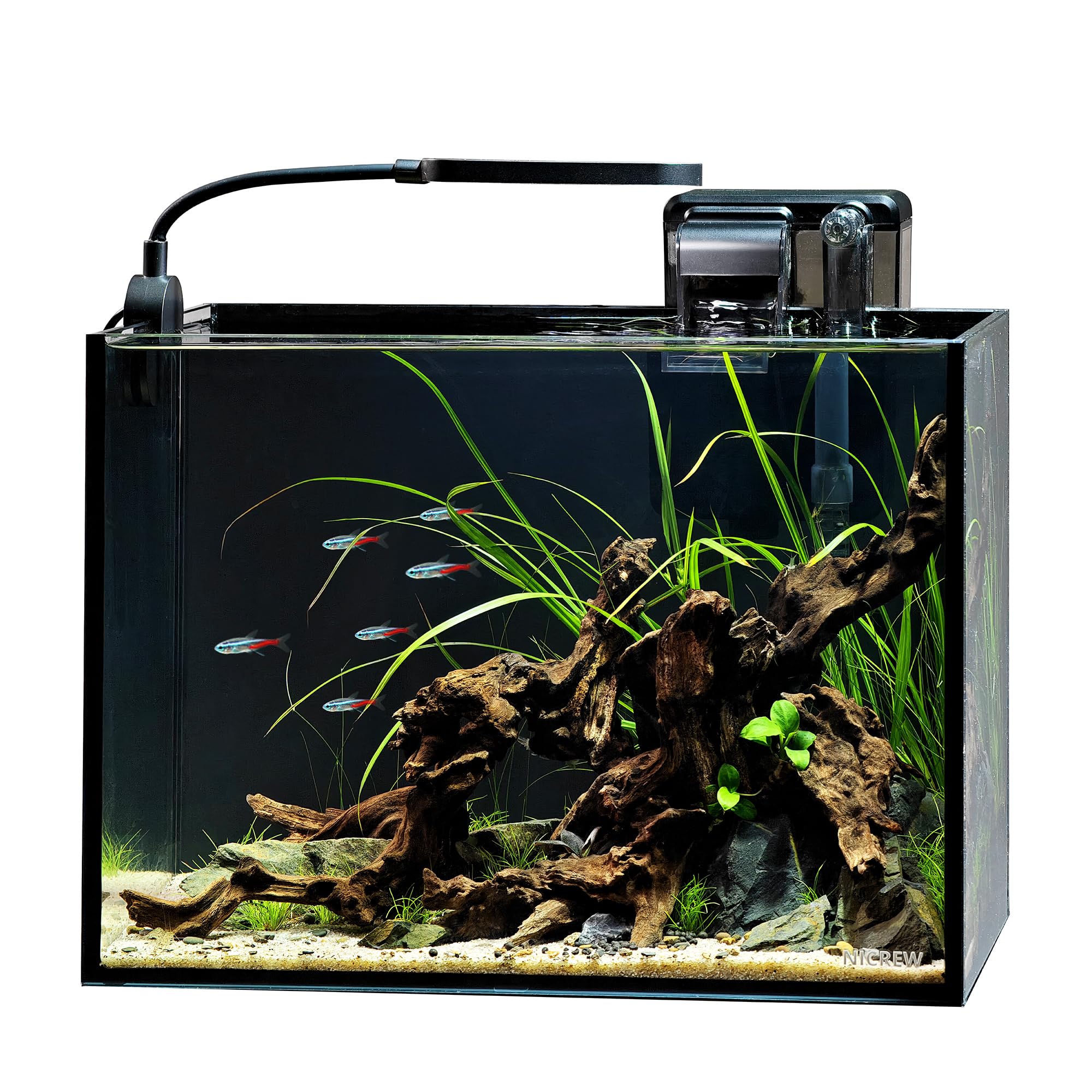 NICREW2.5 Gallon Nano Nature Aquarium Kit, Ultra-Clear Rimless Desktop Fish Tank with Light and Filter, Perfect for Small Fish, Shrimp, or Betta, Basic Version, Black