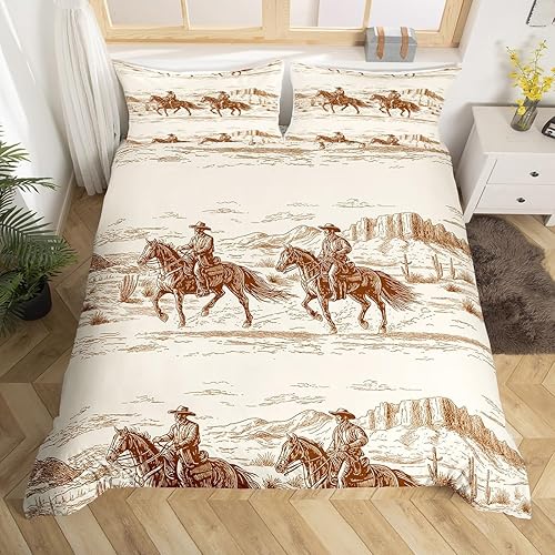 Erosebridal Juego de funda de edredón del oeste, tamaño matrimonial, diseño de vaquero, desierto americano salvaje oeste, ilustración dibujada a