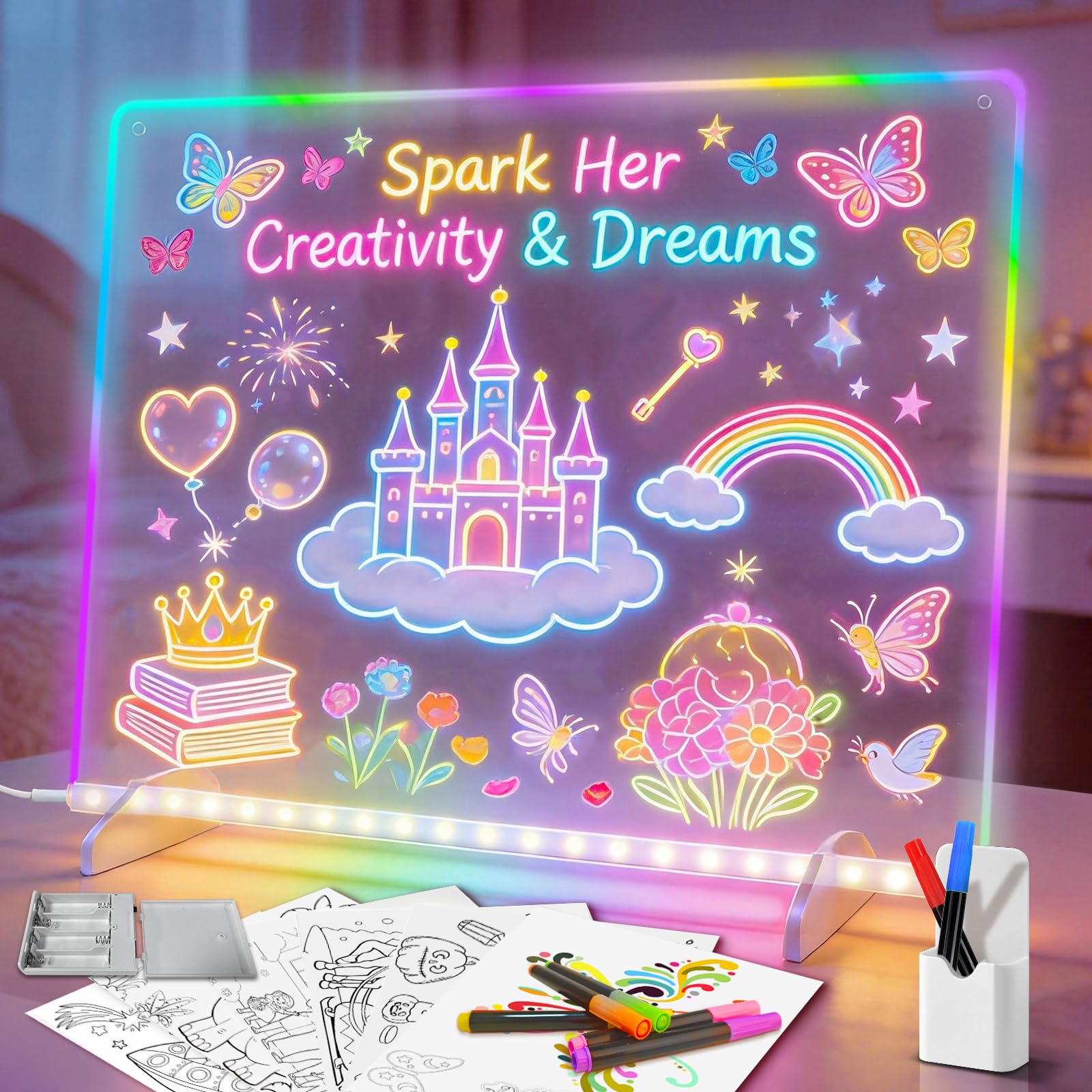 Pizarra Mágica LED Portátil para Niños, Tableta de Dibujo con 8 Colores y 6 Efectos de Luz, Juguete Creativo para Niñas y Niños de 4-8 Años, Regalo Original