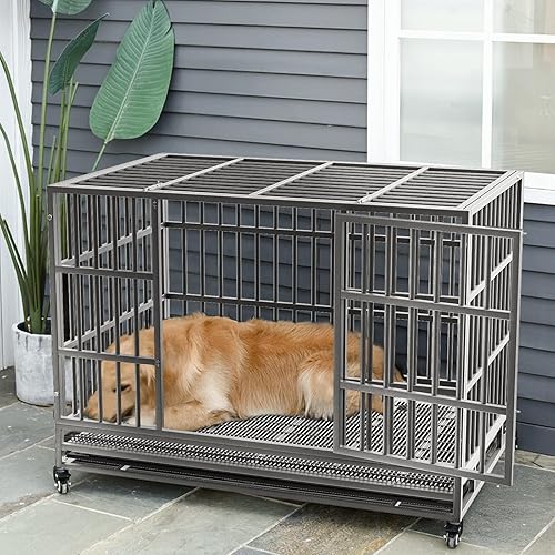 Miniatura 8 de LEMBERI - Jaula para perro indestructible y resistente de 4838 pulgadas, a prueba de escapes con ruedas bloqueables, doble puerta para evitar