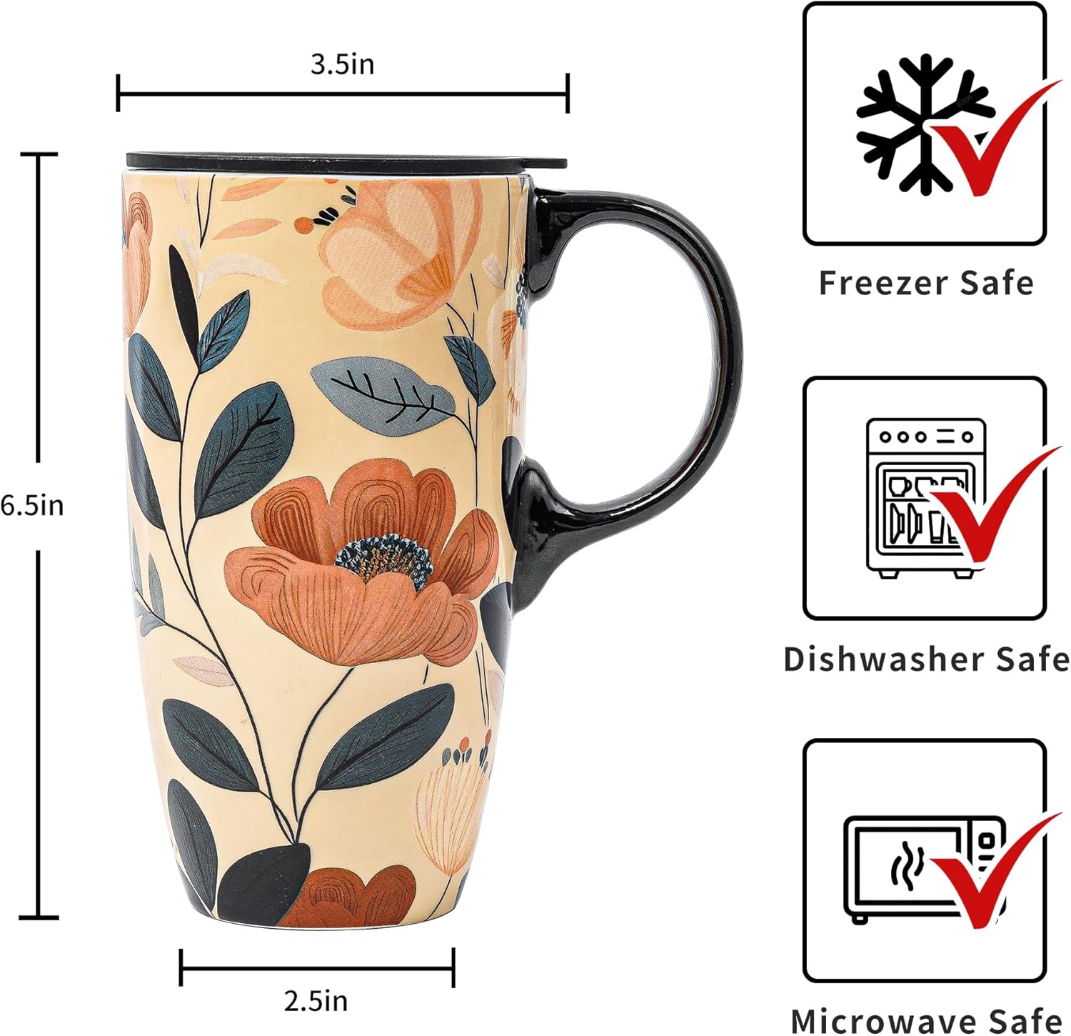 Ceramic Mug Travel Coffee Cup with Lid for Home & Office, 17oz Porcelain Tall Tea Cup with Handle Flower Art in Color Box, Leaves & Flower - Image 6