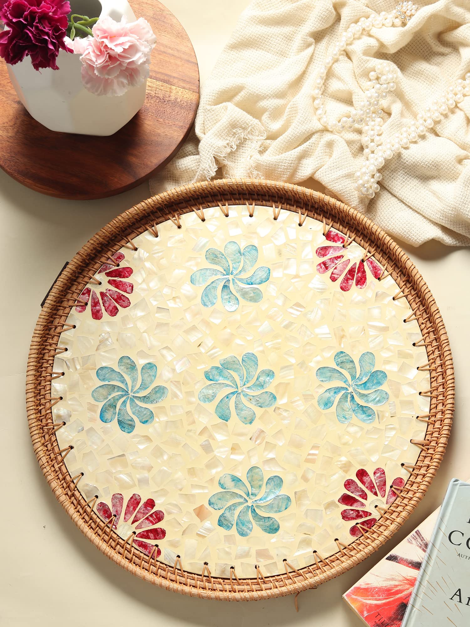 Habere India-All The Cultures Fabricating India Wooden Serving Tray for Tea & Snacks | Serveware for Dining Table | Rattan Tea Trays for Snacks | Round Coffee Tray Set (L40 x W40 x H5 cm)