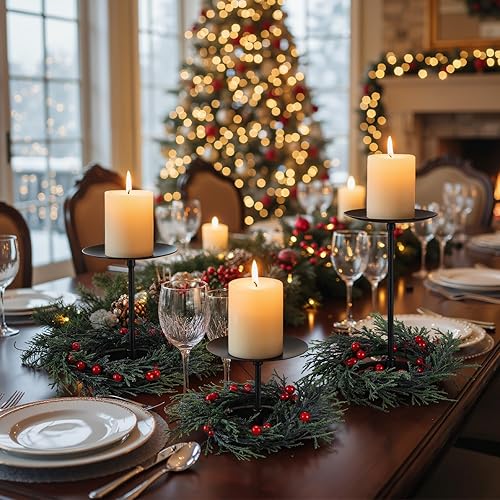 Miniatura 4 de Baderke 3 portavelas de metal de Navidad con corona artificial de 2.76 pulgadas, 3.94 pulgadas, 5.91 pulgadas, pilar negro, decoración de chimenea,