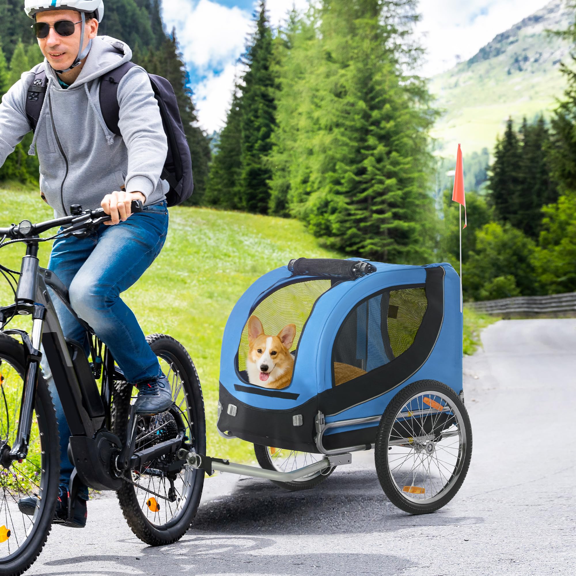 PawHut Remolque Bicicleta Perros Mascota 1 Bandera 8 Reflectores Remolque Bici 130x73x90 cm Azul Negro