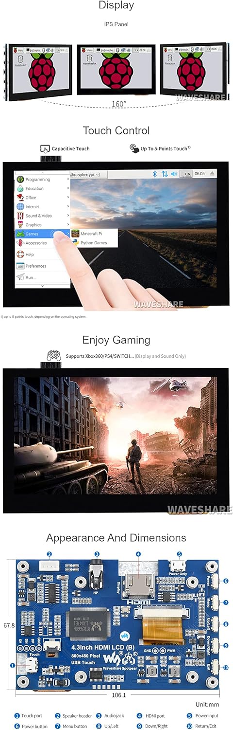 Waveshare 4.3 Inch HDMI Display Raspberry Pi Screen Touchscreen 800×480 Capacitive LCD Monitor for Raspberry Pi 4B+ 4B 3B+ 3B 2B+ Zero W Jetson Nano Windows 11 10 8.1 8 7